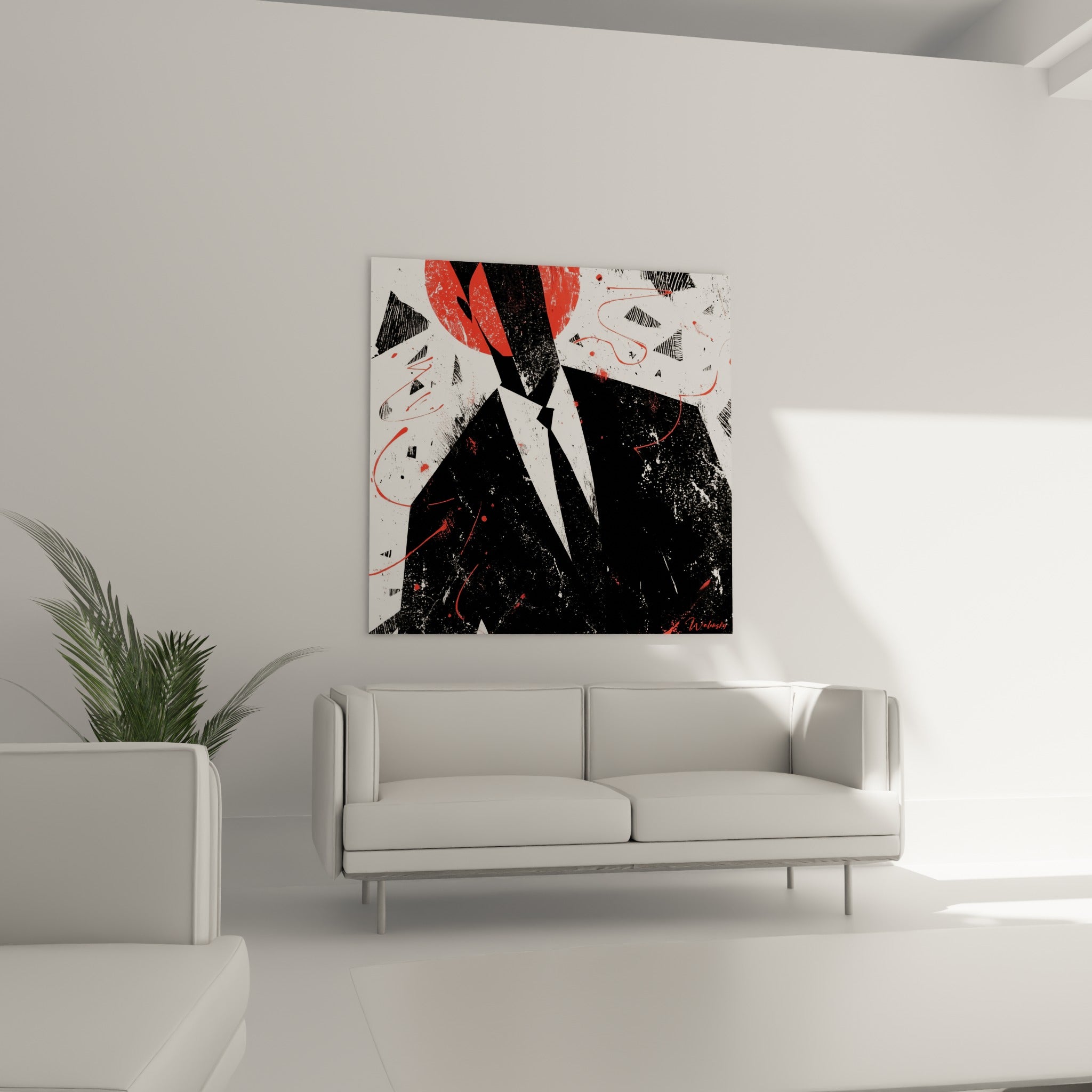 Figure anthracite au cercle corail, tableau Musique au-dessus d'un canapé dans un salon lumineux
