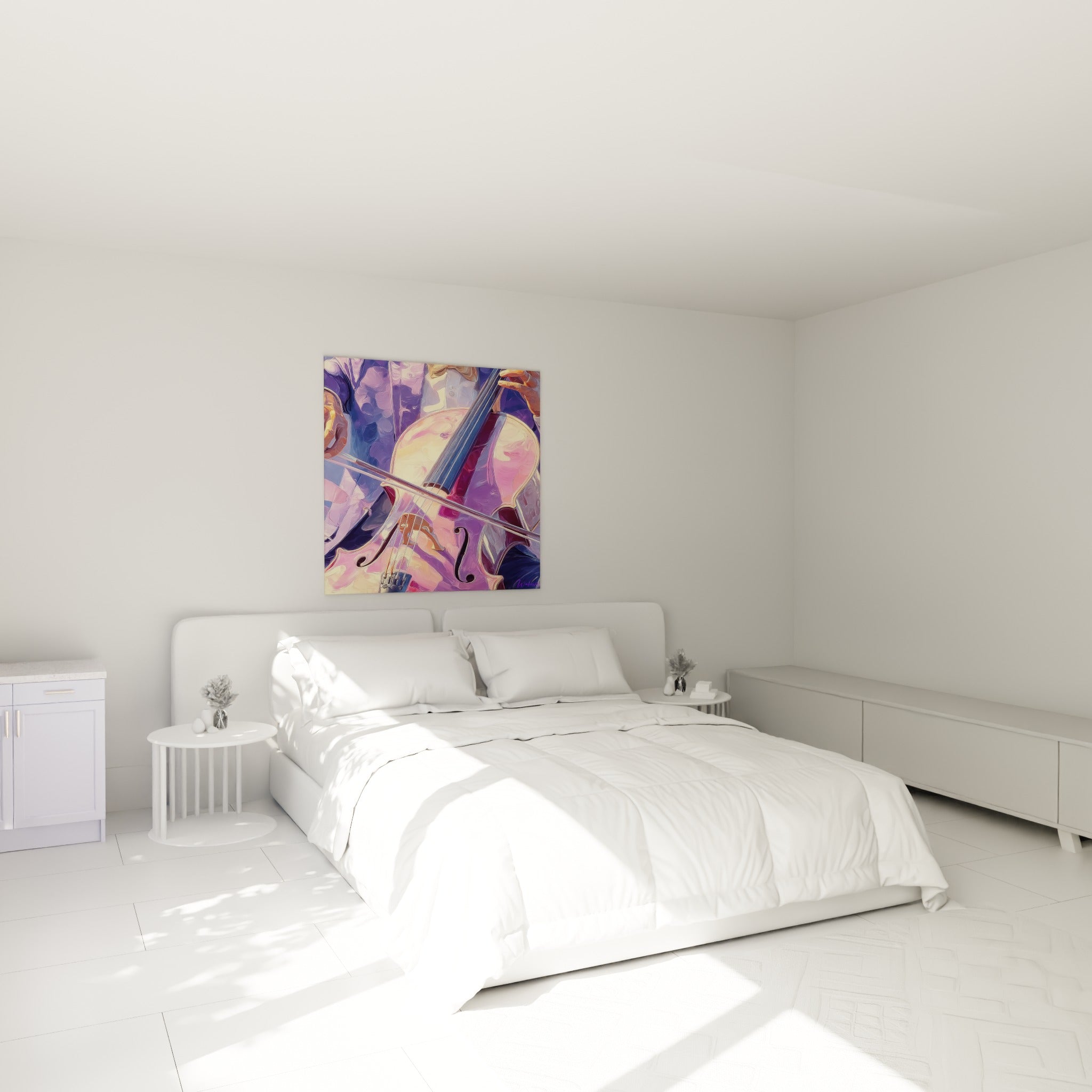 Archet et cordes de violoncelle aux tons roses et violets, au-dessus d'un lit dans une chambre claire