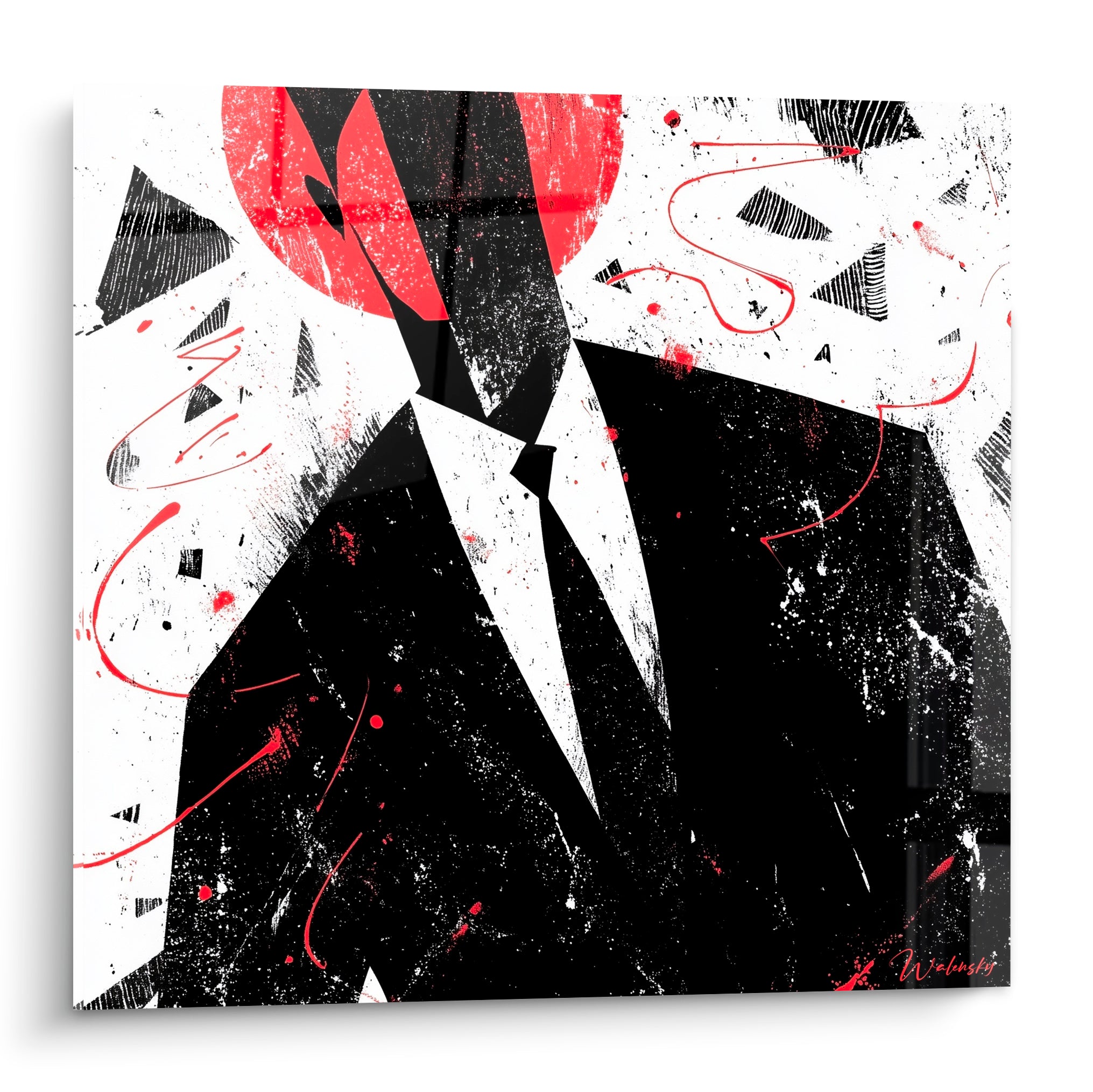 Silhouette en costume noir et cercle rouge, éclaboussures blanches, tableau Musique expressif