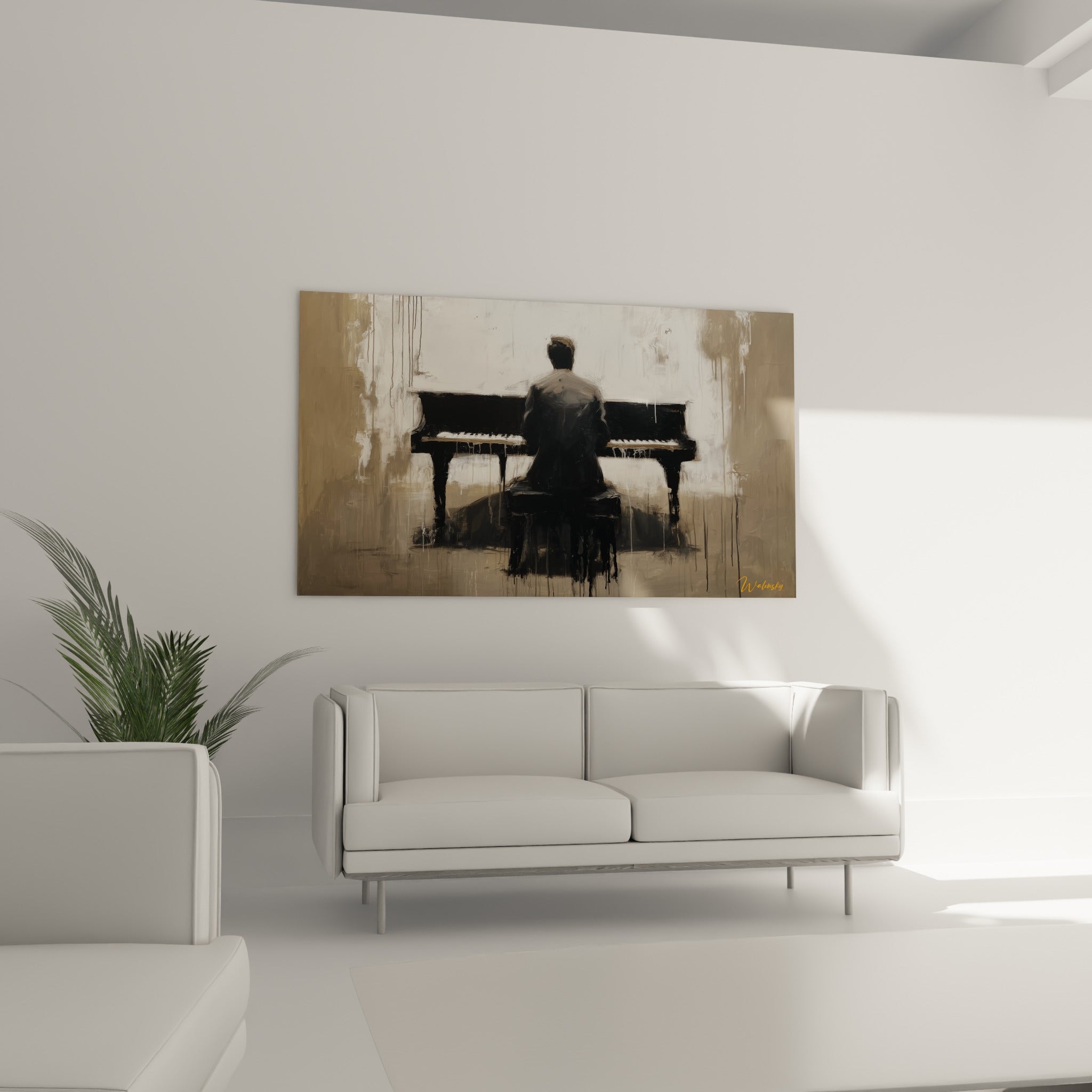 Musicien vu de dos jouant du piano noir, fond beige texturé, au-dessus d'un canapé dans un salon lumineux