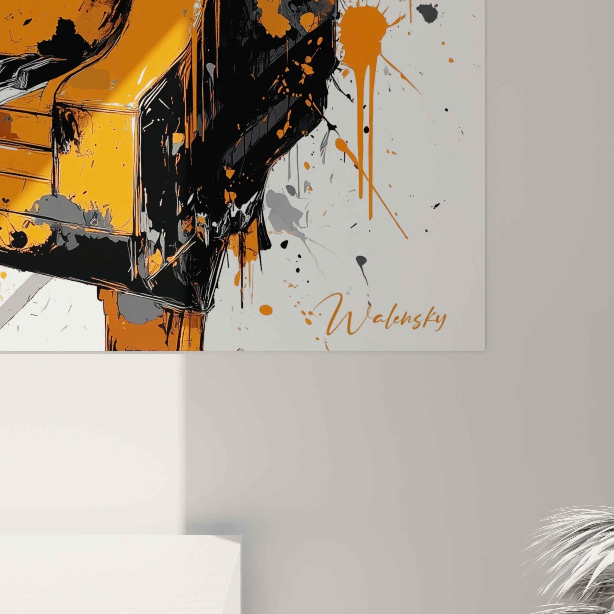 Détail du clavier noir et blanc et des coulures orange et anthracite sur la toile imprimée