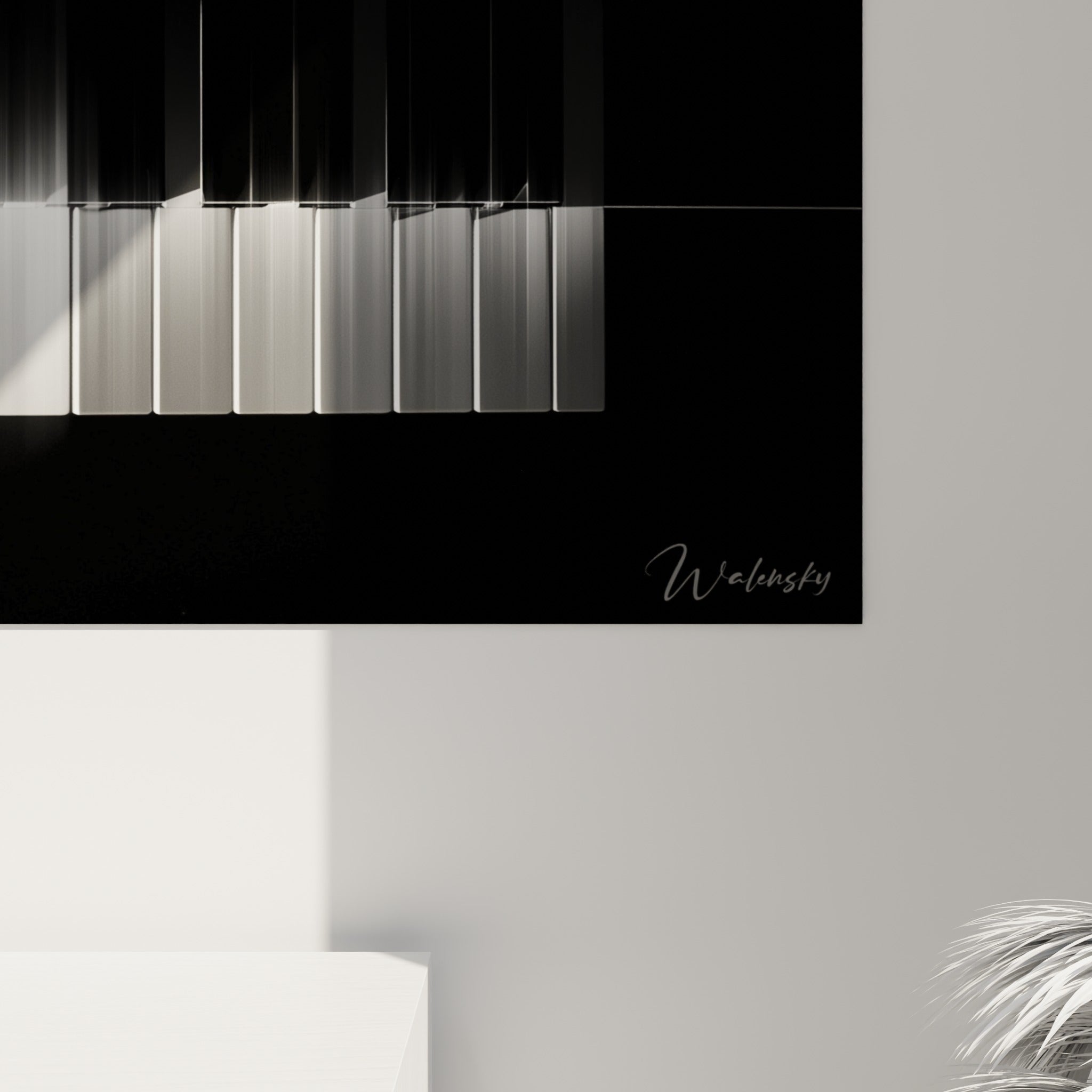 Détail des dégradés noirs et blancs de Musique, grain fin et lumière diffuse sur toile