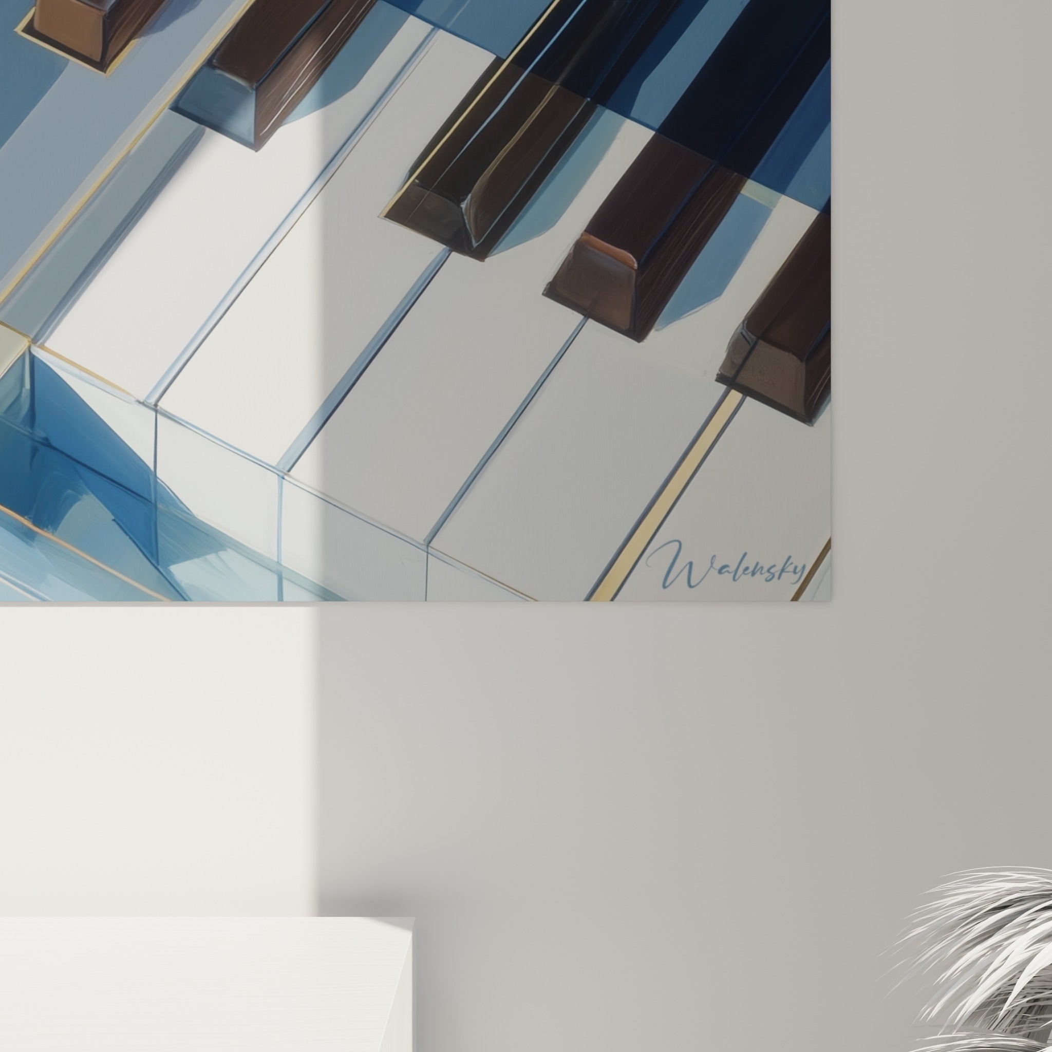 Détail des touches noires façon cristal, reflets dorés et bleu marine visibles en gros plan sur la toile