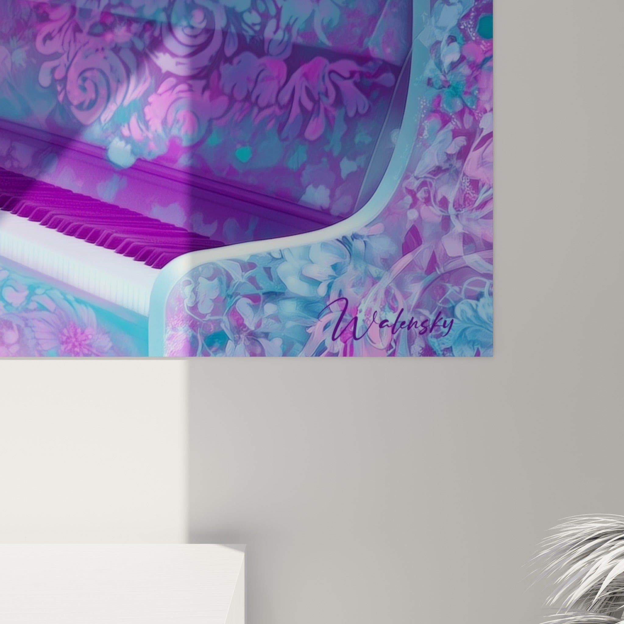 Détail des empâtements violets et turquoise, grain numérique visible sur les pétales et le piano gravé
