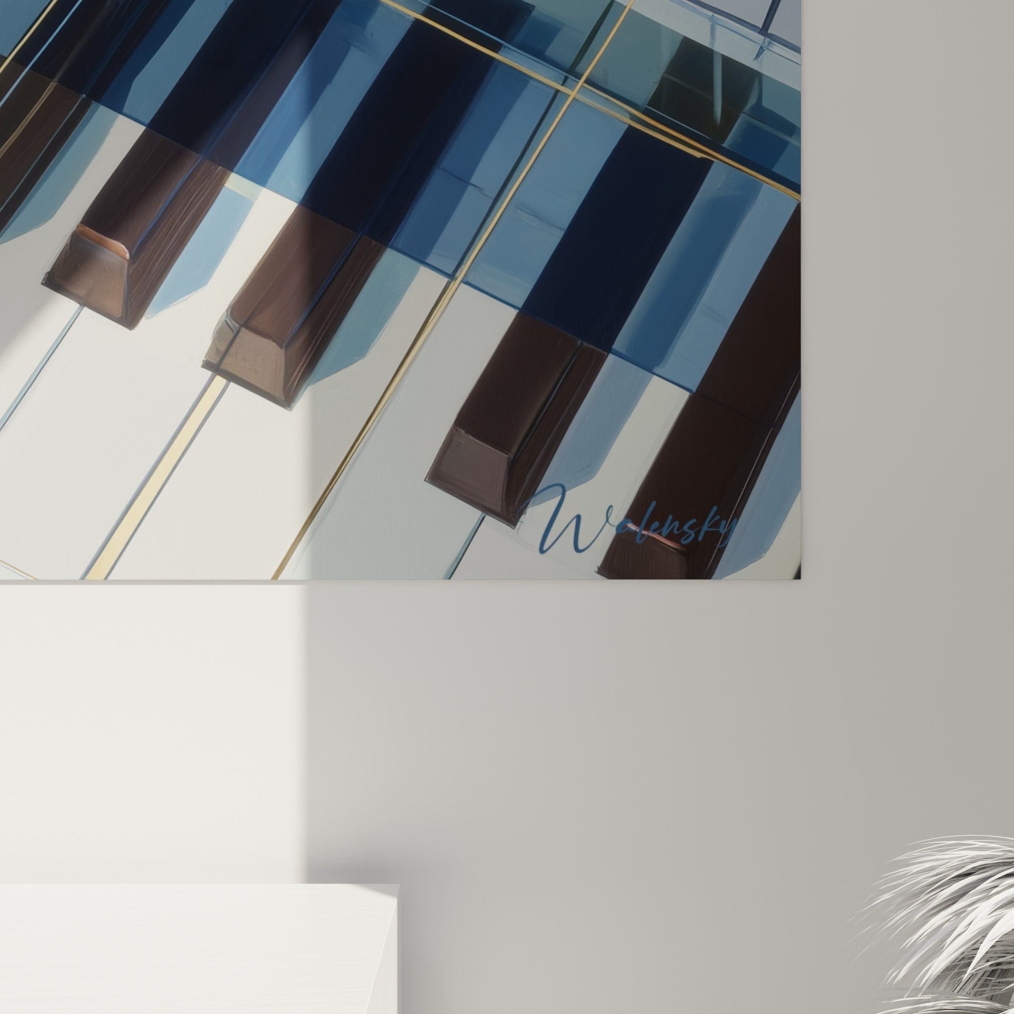 Grain de l'impression révélant les reflets dorés et le bleu profond des touches de piano