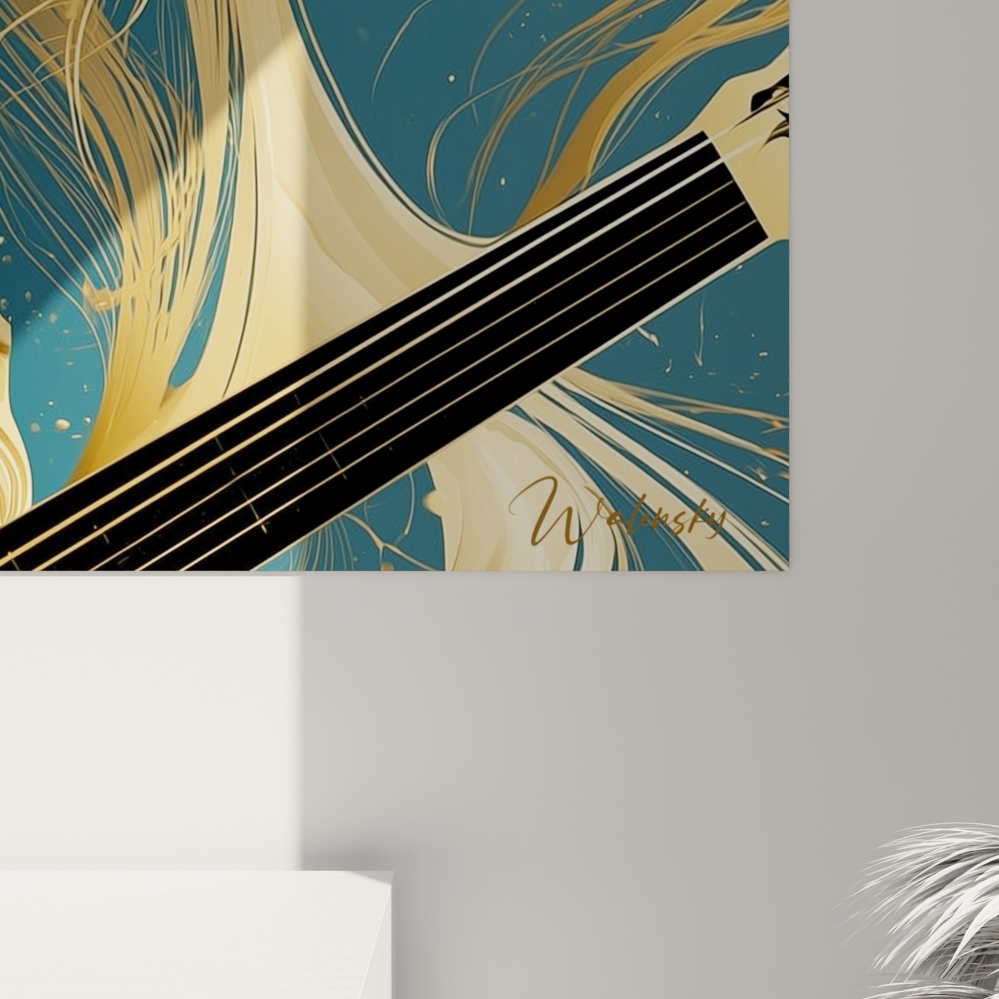 Détail des volutes dorées et du grain pictural sur le portrait bleu profond du guitariste barbu