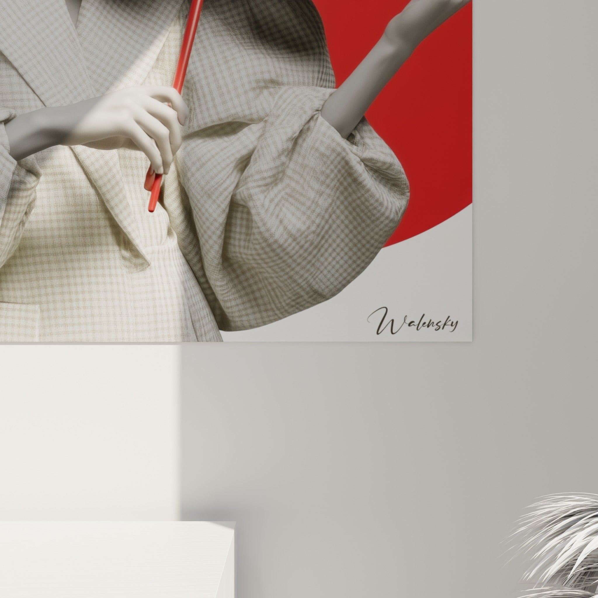 Détail du violon laqué rouge et de l'archet tendu révélant le grain lisse de l'impression et les nuances de gris