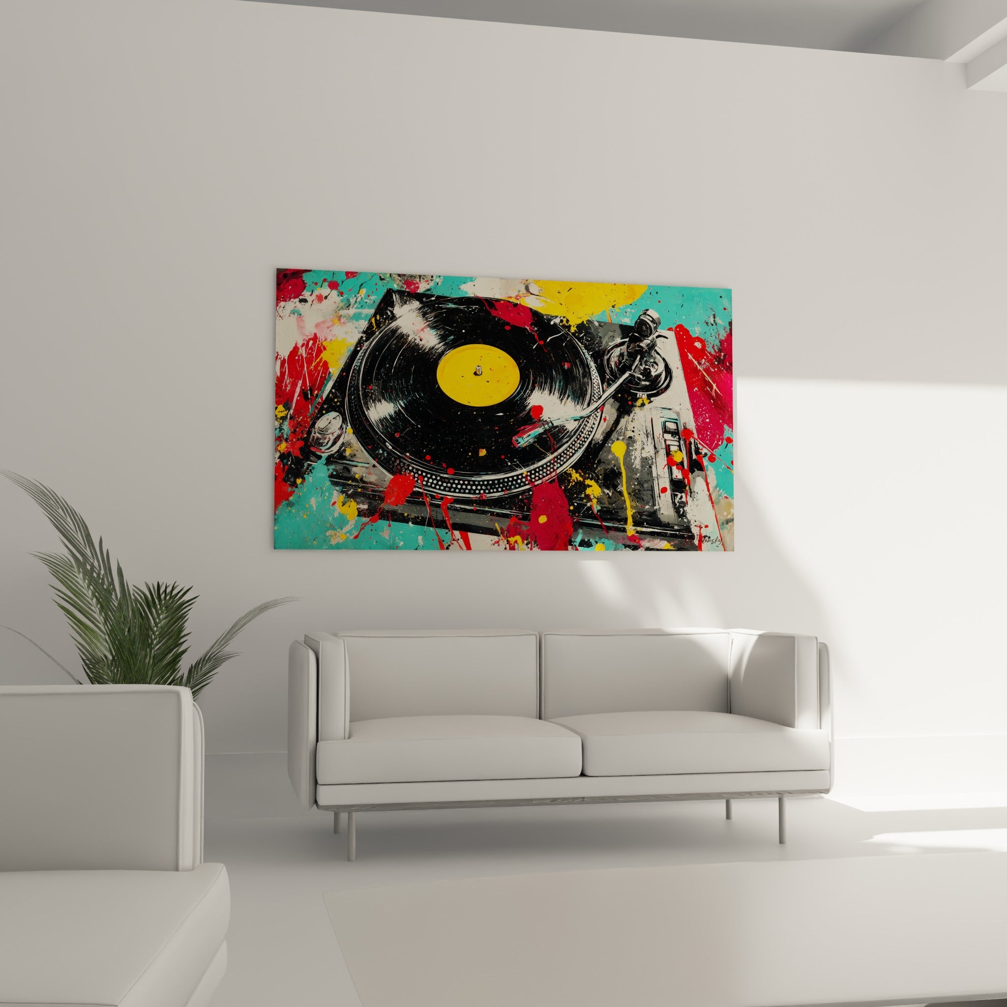 Platine vinyle rouge et turquoise éclatante au-dessus d'un canapé dans un salon lumineux