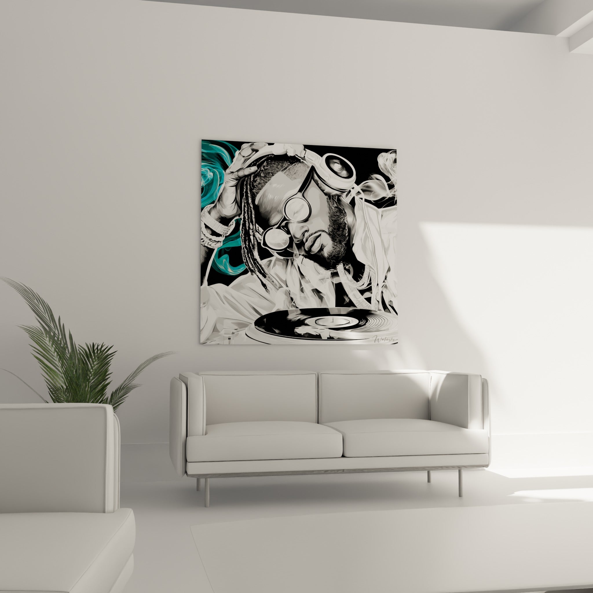 Scène de mixage en noir et blanc avec touches turquoise, disposée au-dessus d'un canapé dans un salon lumineux