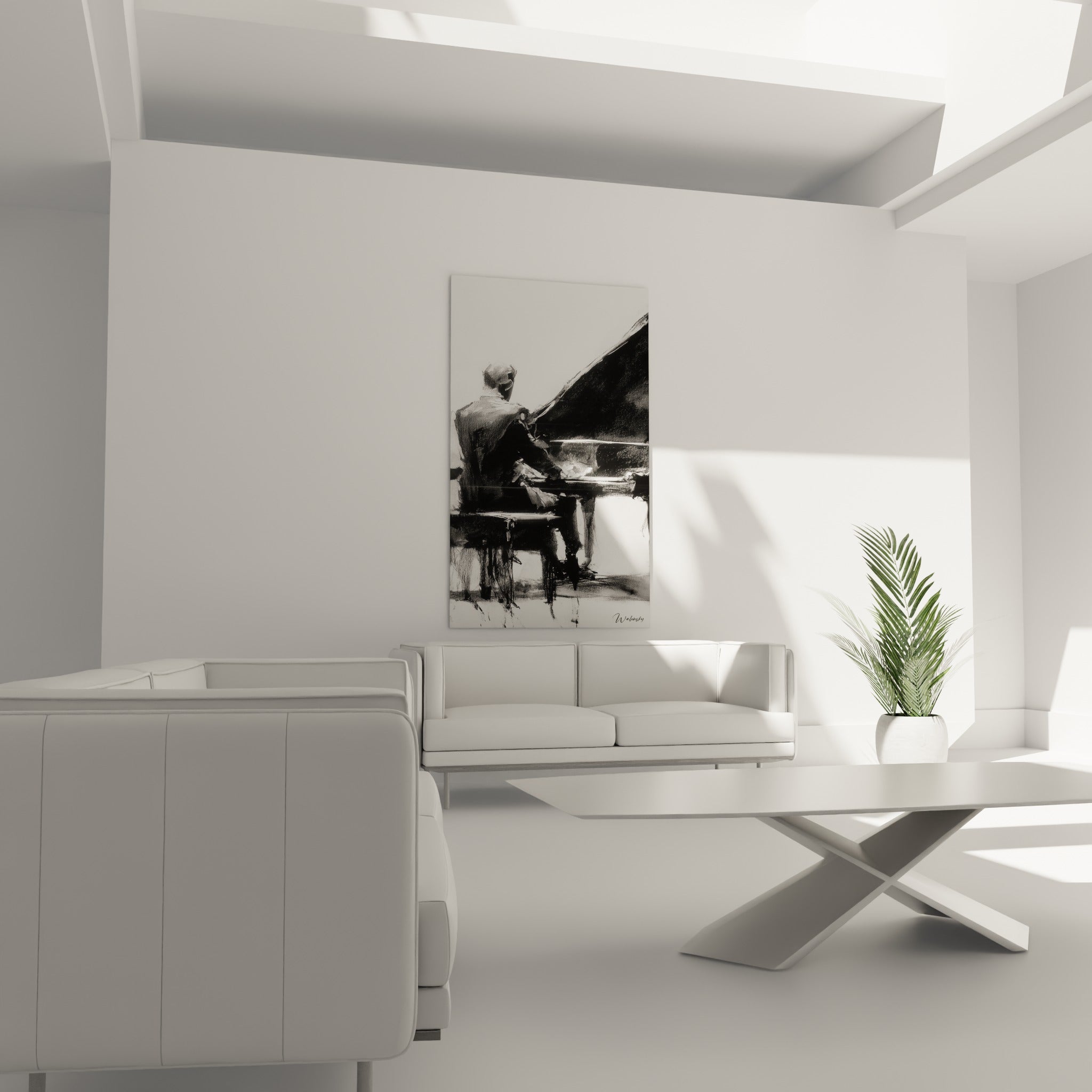 Silhouette du pianiste en camaïeu noir et blanc, suspendue au-dessus d'un canapé dans un salon lumineux
