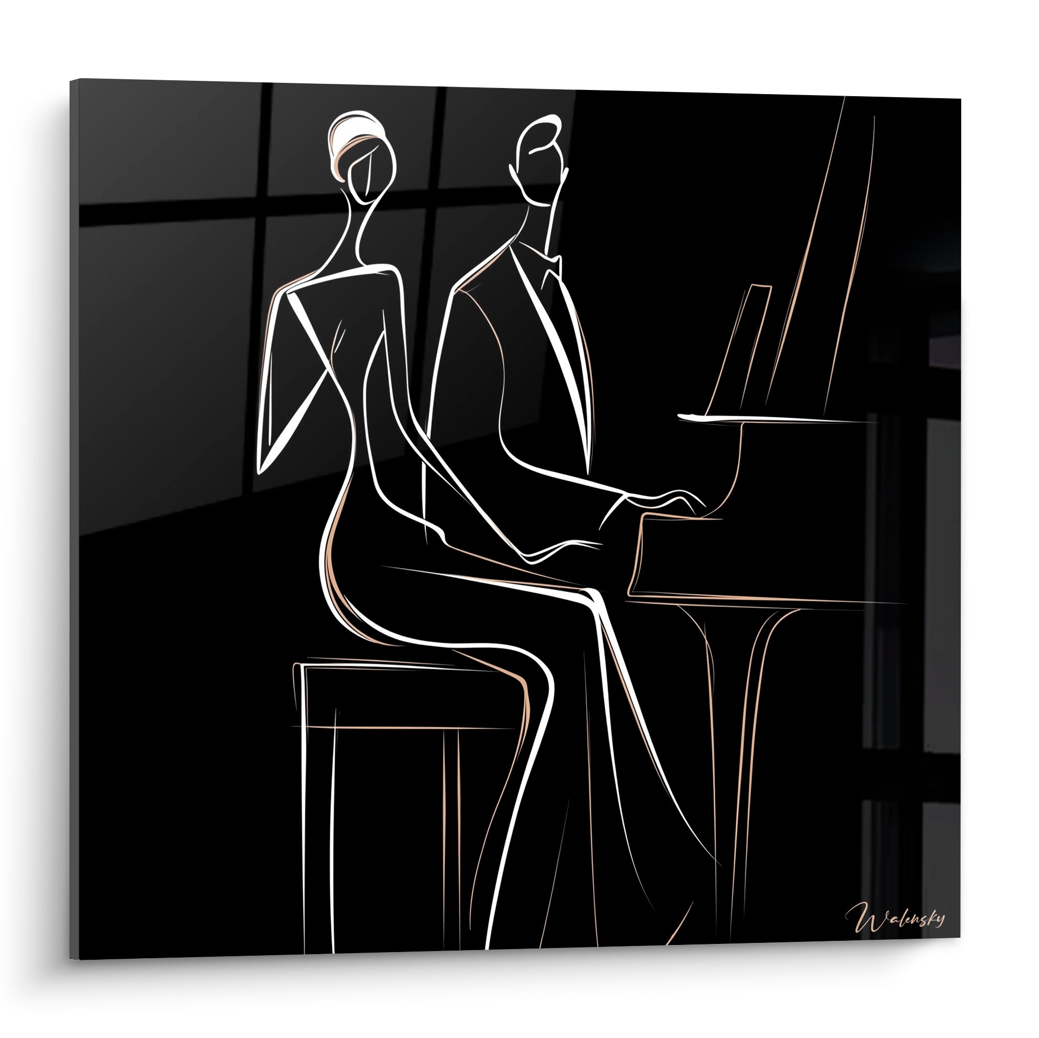 Musique en duo au piano, silhouettes blanches et dorées sur fond noir profond graphique