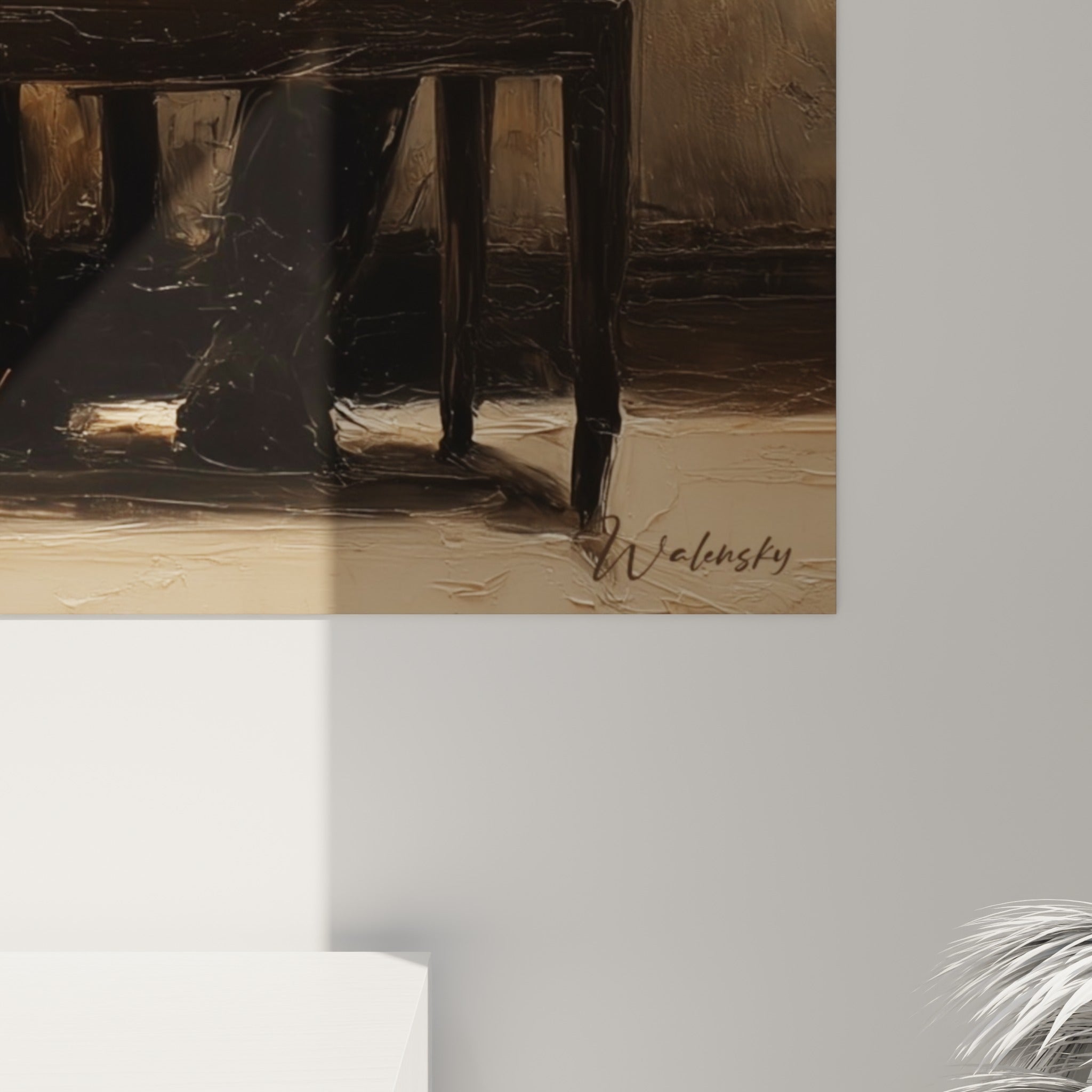 Empâtements épais de peinture beige et noire révélant le grain de la toile du pianiste
