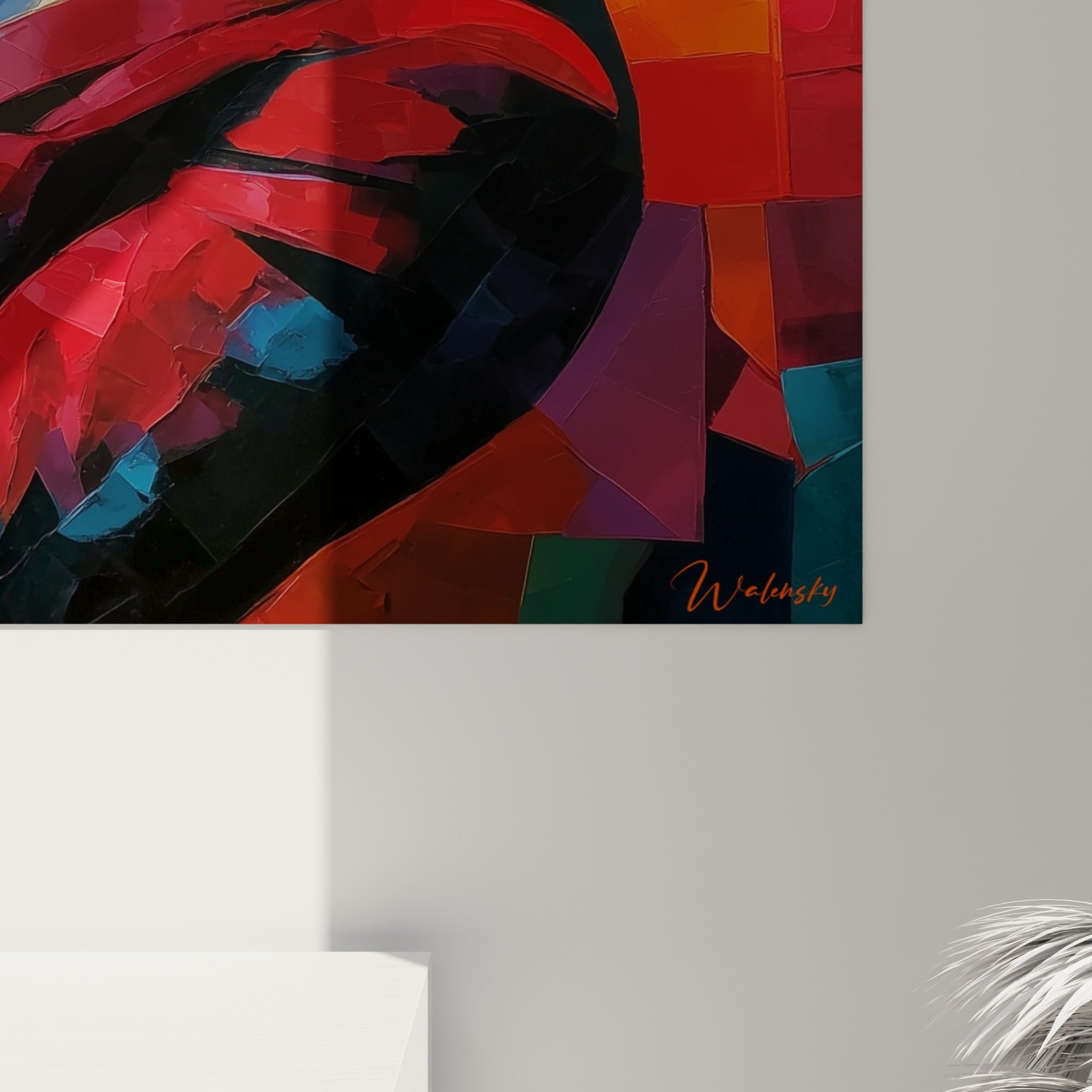 Empâtements de peinture rouge et dorée sur le chapeau et le laiton du saxophone, matière épaisse et coulures visibles