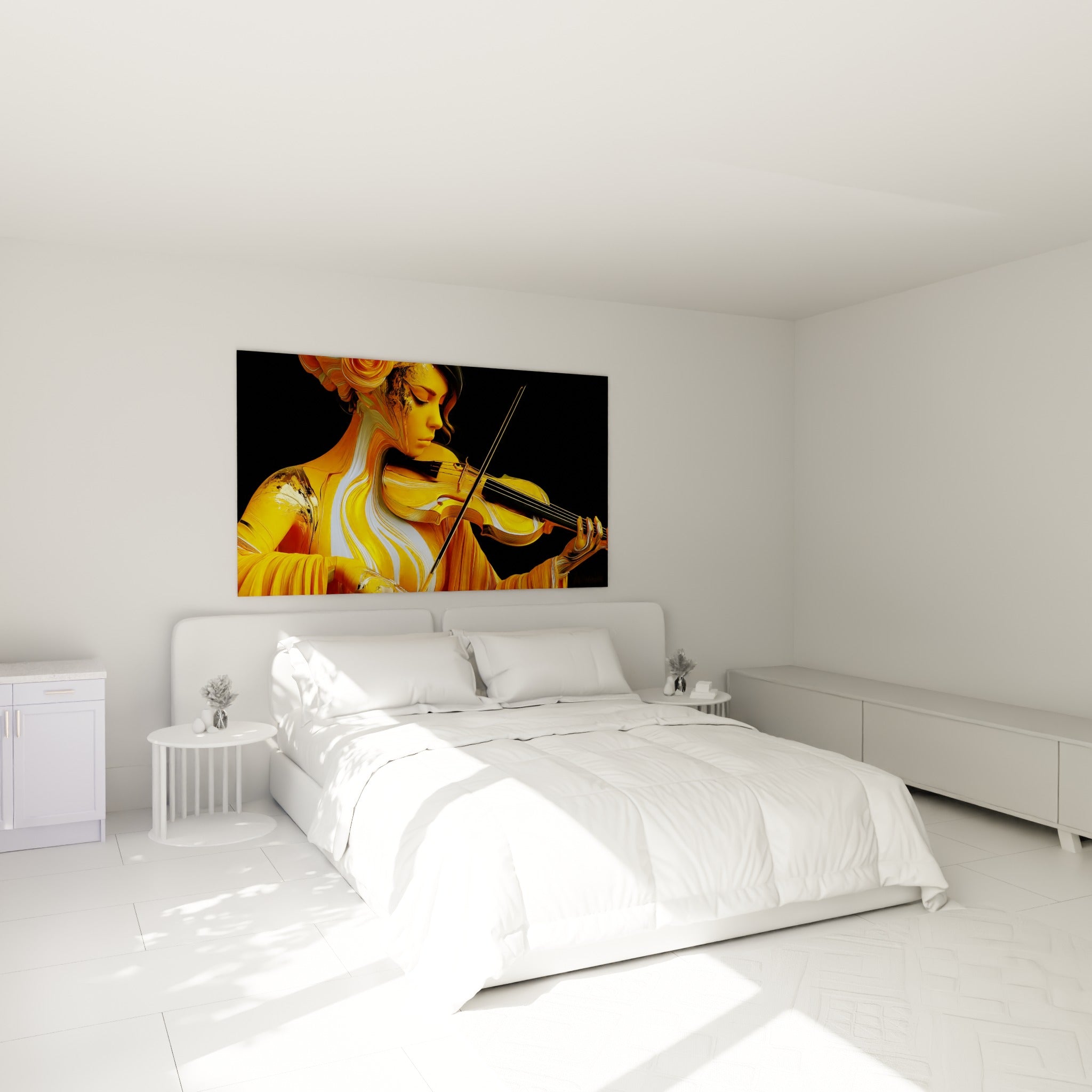 Musicienne aux tons dorés et ocre jouant du violon, accrochée au-dessus d'un lit dans une chambre claire