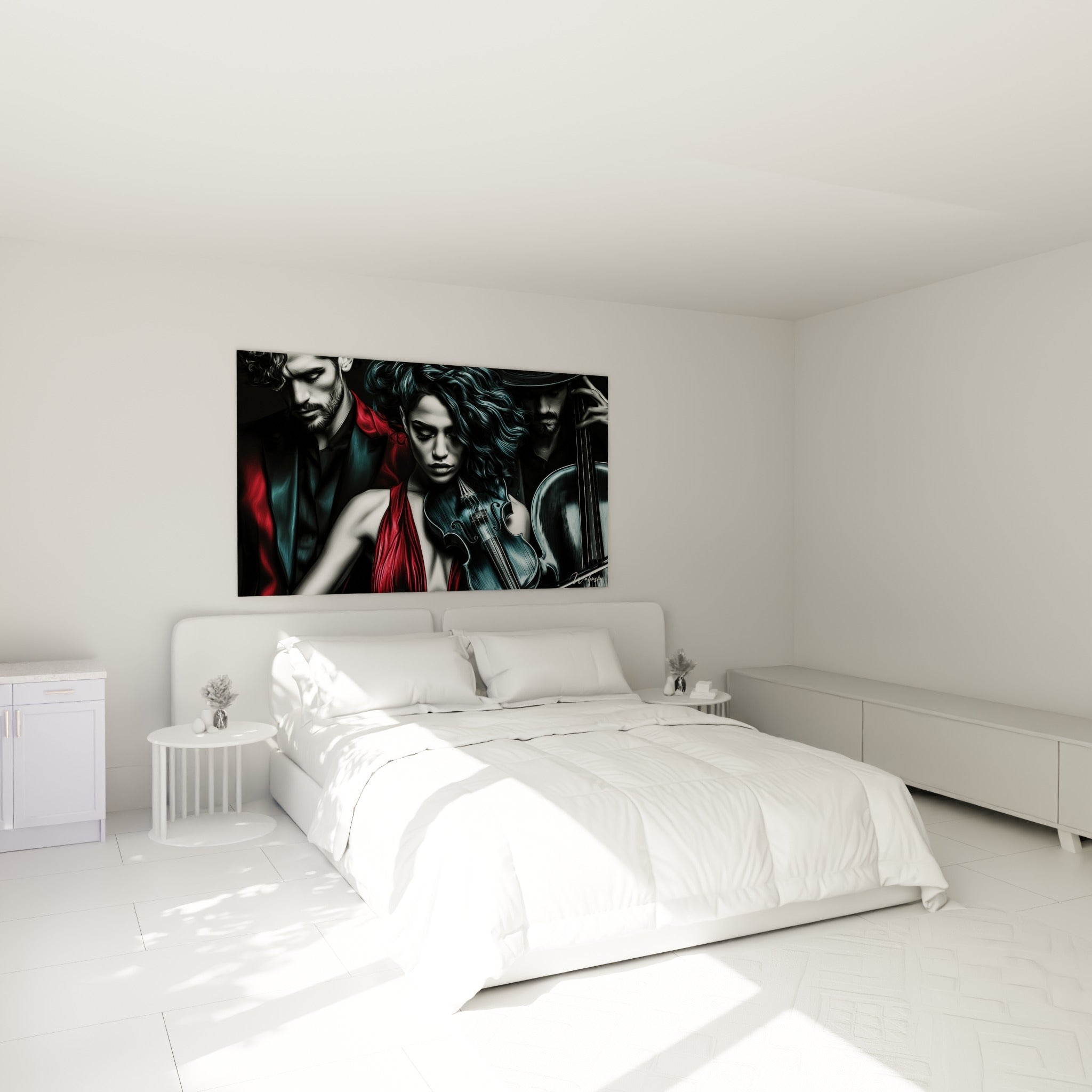 Musicienne en robe rouge tenant un violon, tons bleu nuit et anthracite, accrochée au-dessus d'un lit dans une chambre claire