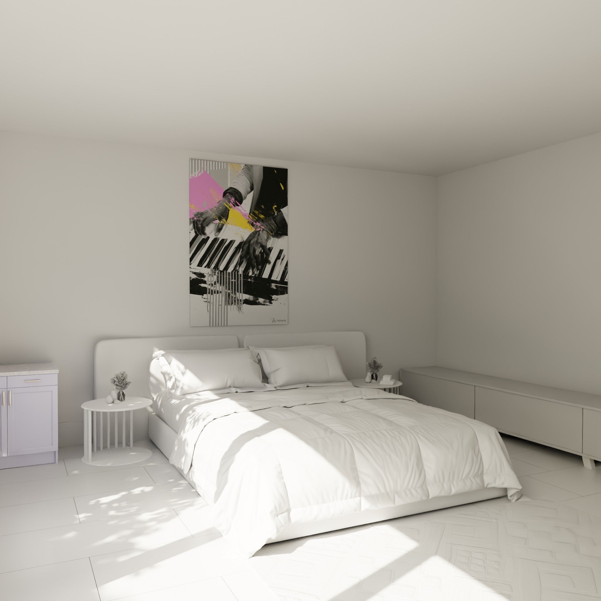 Mains gantées jouant du piano, taches roses et jaunes, accrochées au-dessus d'un lit dans une chambre claire