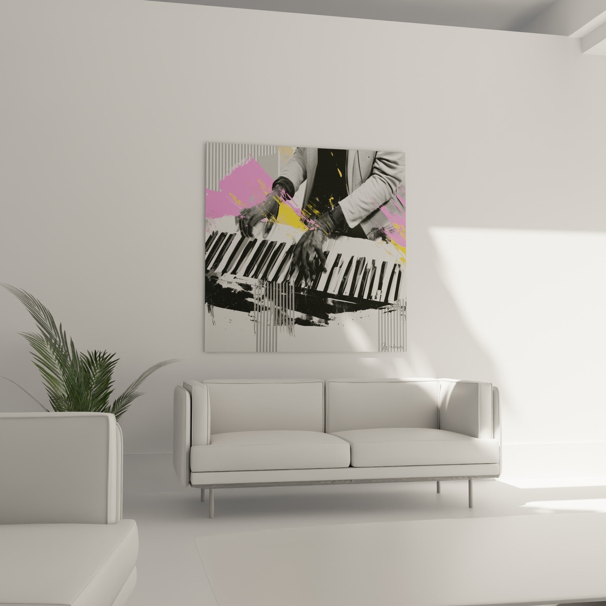 Clavier noir et blanc animé par des projections roses et jaunes, au-dessus d'un canapé dans un salon lumineux