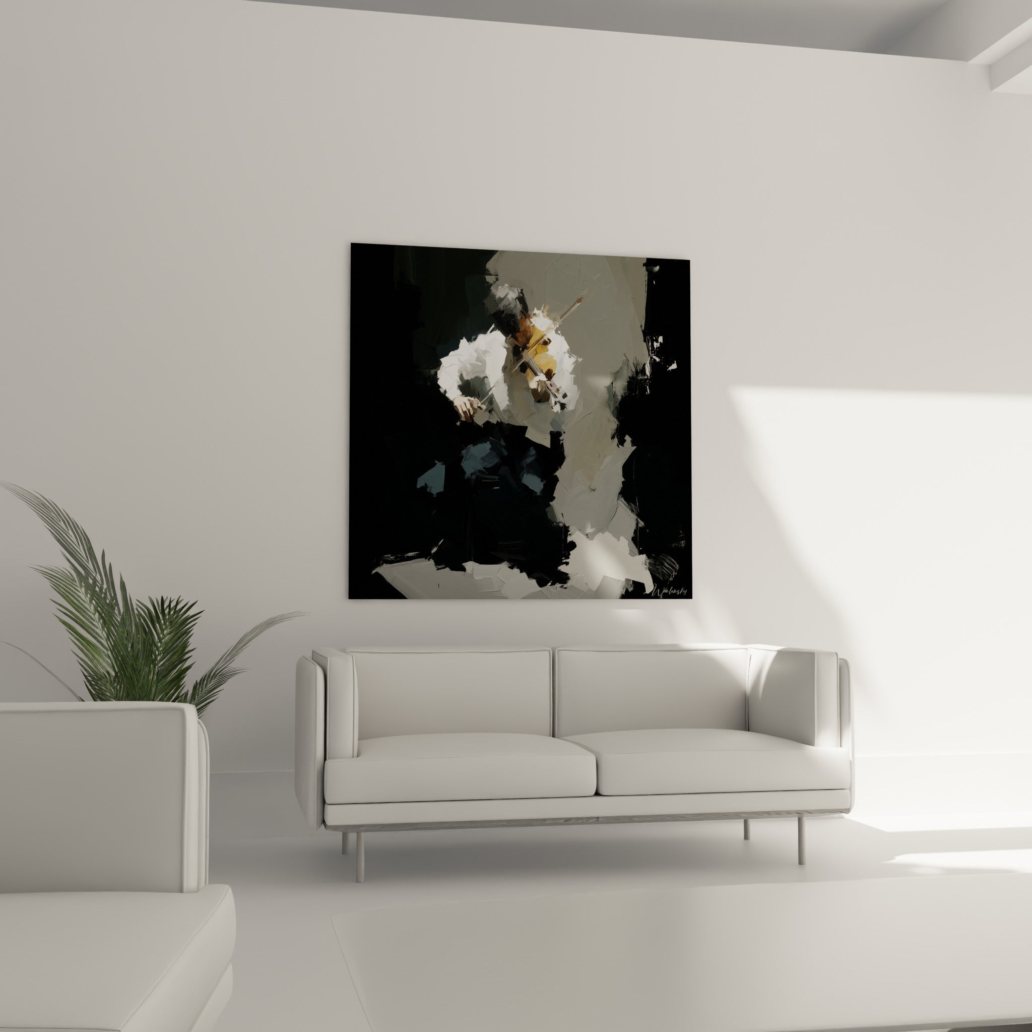 Archet levé dans une composition anthracite et dorée, disposée au-dessus d'un canapé dans un salon lumineux
