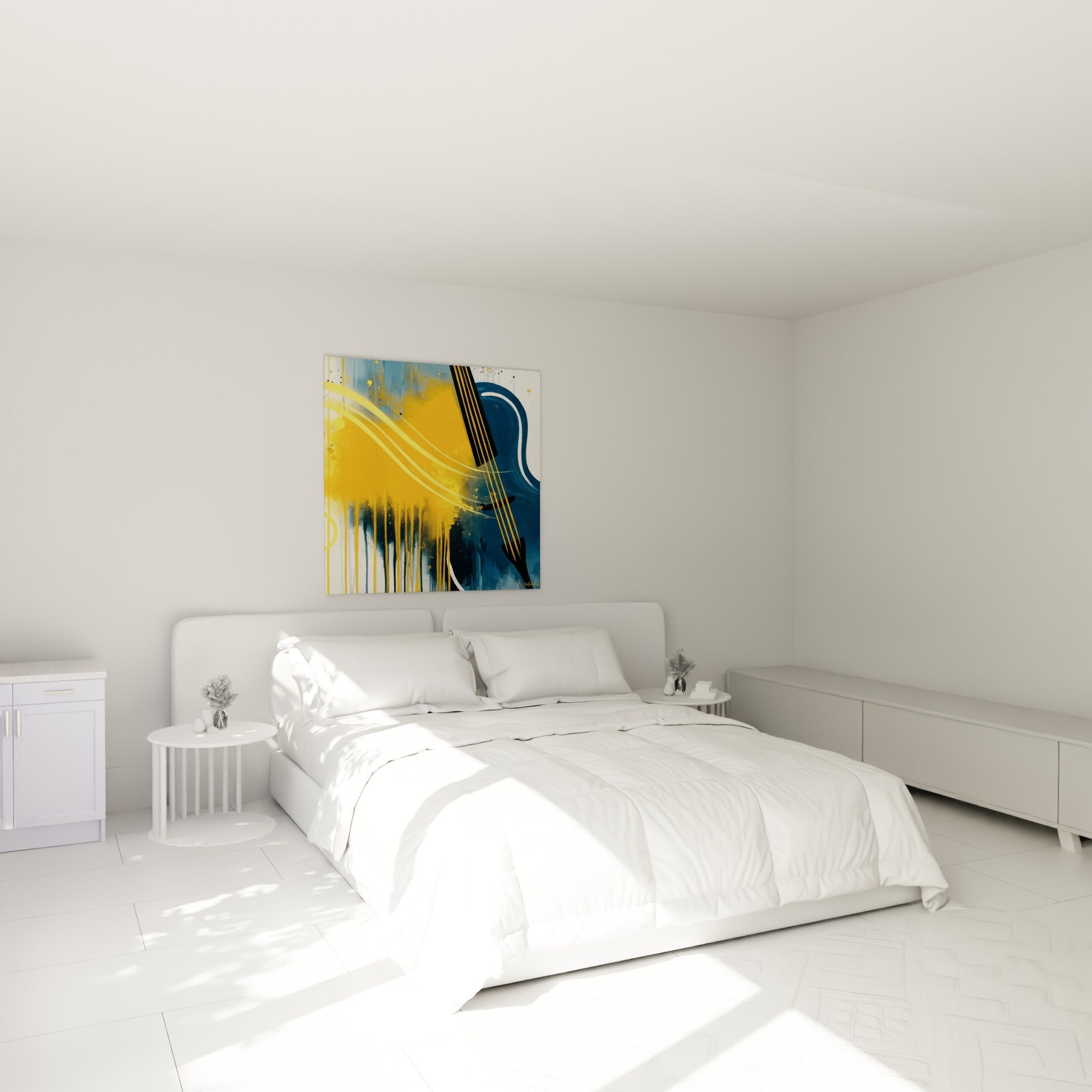 Instrument stylisé aux teintes ocre et bleu marine accroché au-dessus d'un lit dans une chambre claire