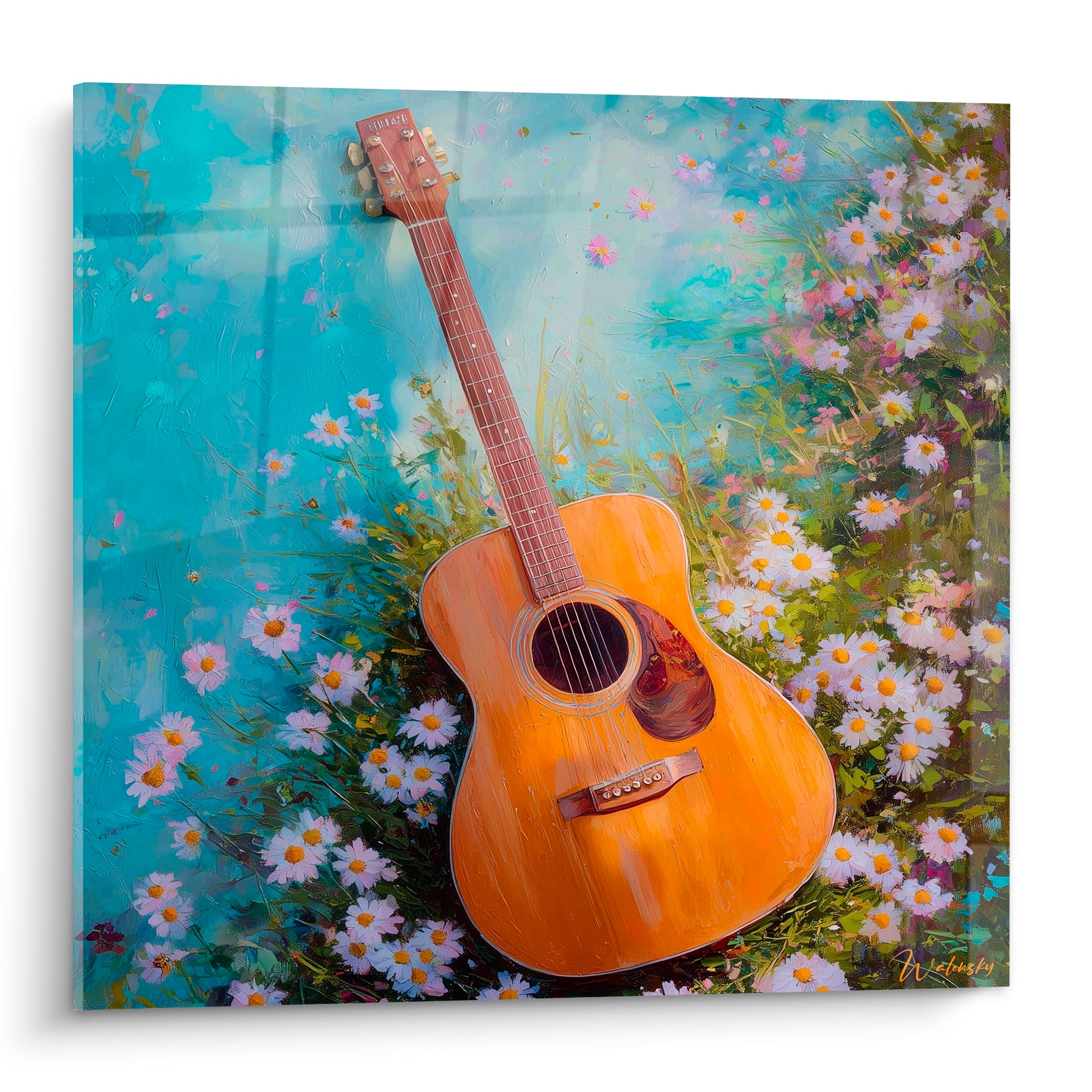 Guitare acoustique ambre posée dans un champ de marguerites blanches sur fond bleu ciel peint