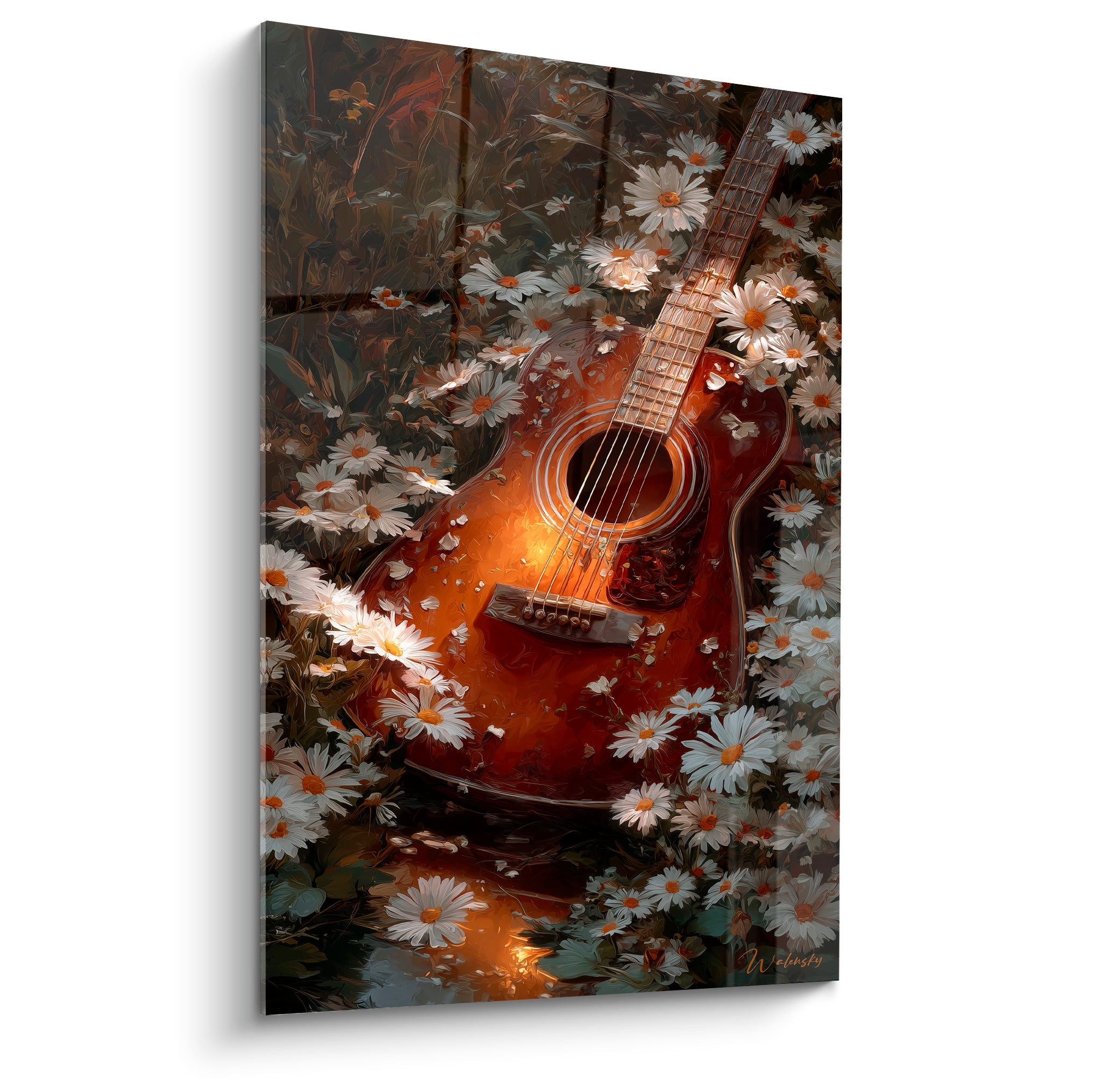 Guitare ambrée entourée de marguerites blanches, cordes visibles, fond anthracite feuillu peint avec finesse