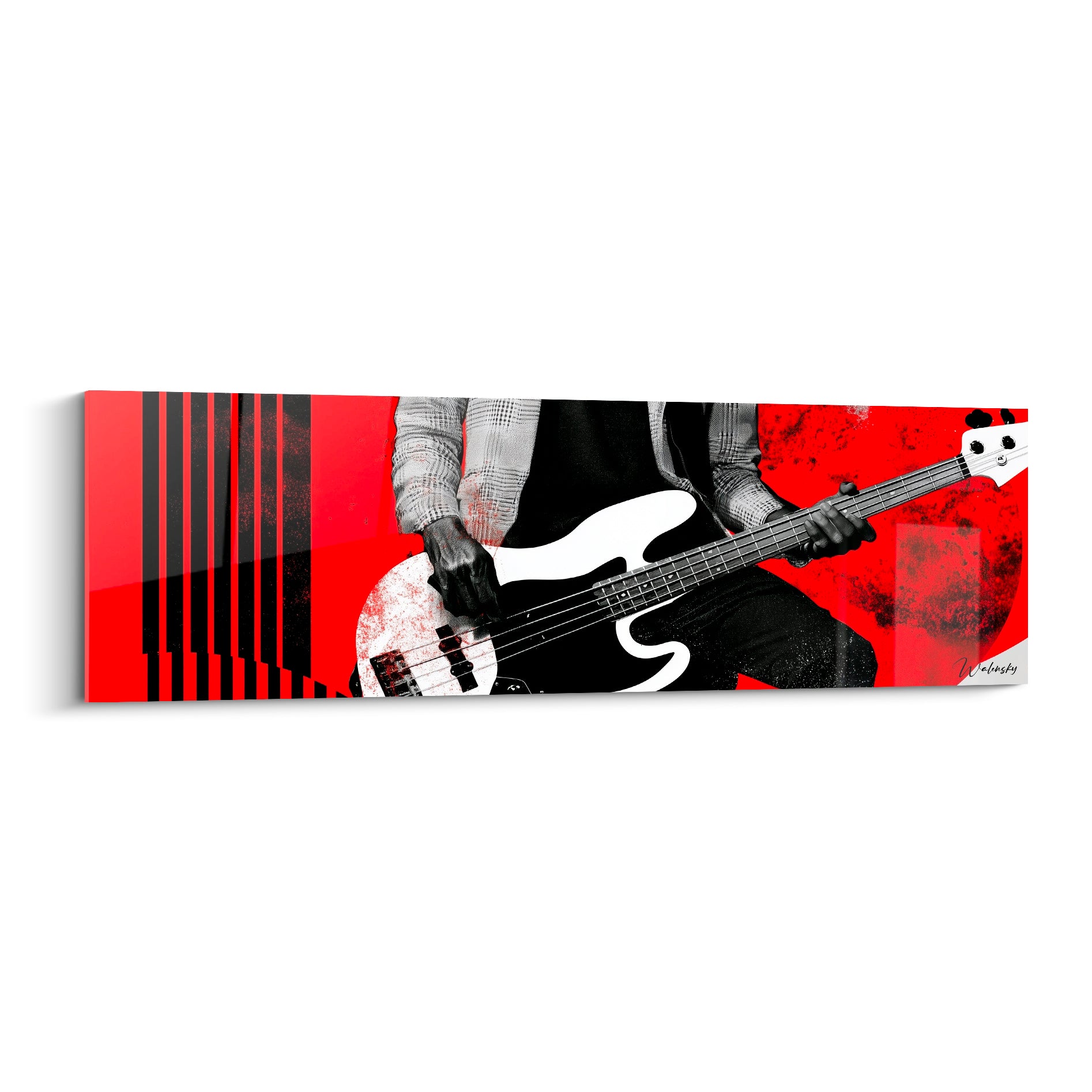 Bassiste en gants noirs joue sur fond rouge et noir, guitare blanche, tableau Musique graphique