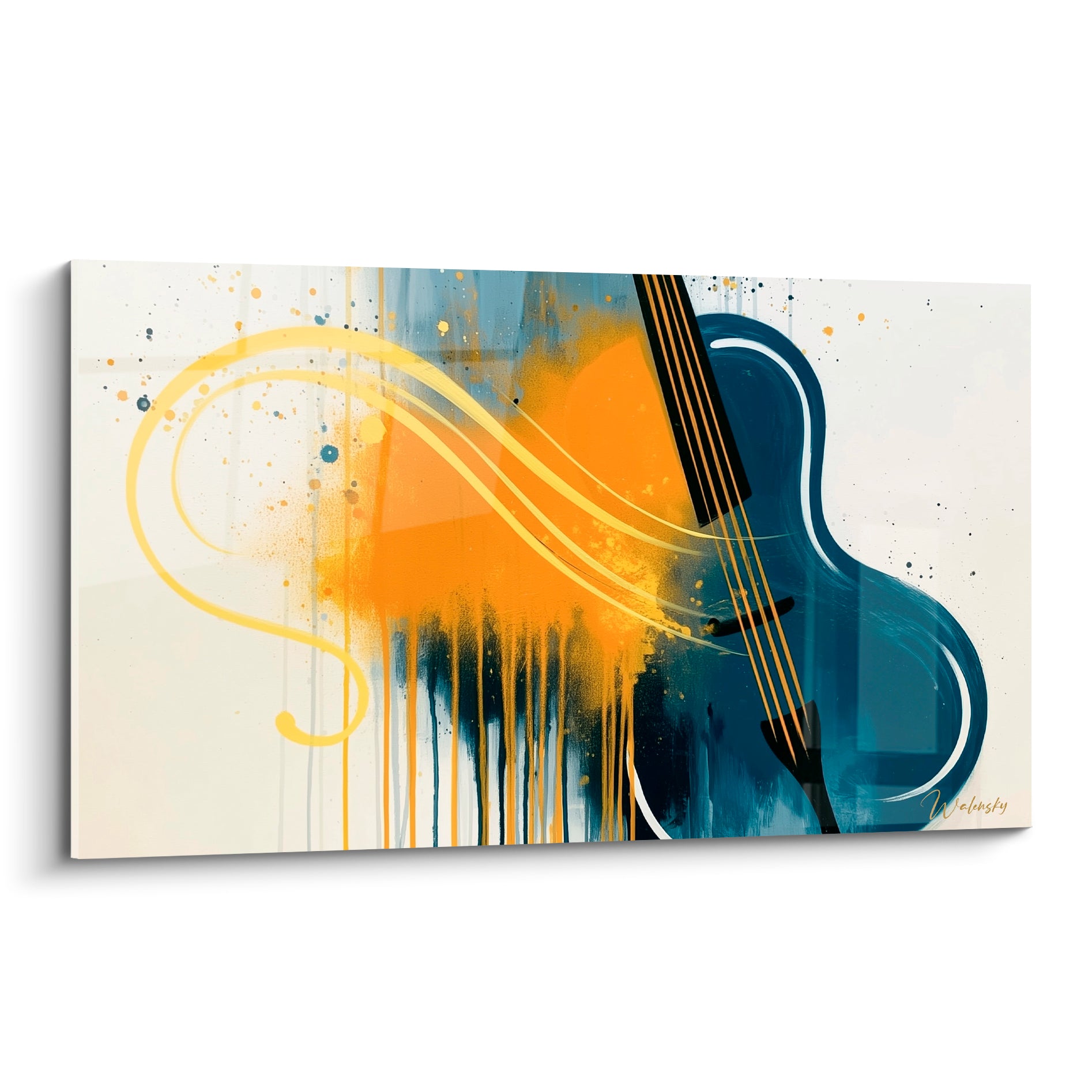 Guitare bleu marine et éclaboussures ocre sur fond ivoire, tableau Musique au style graphique expressif