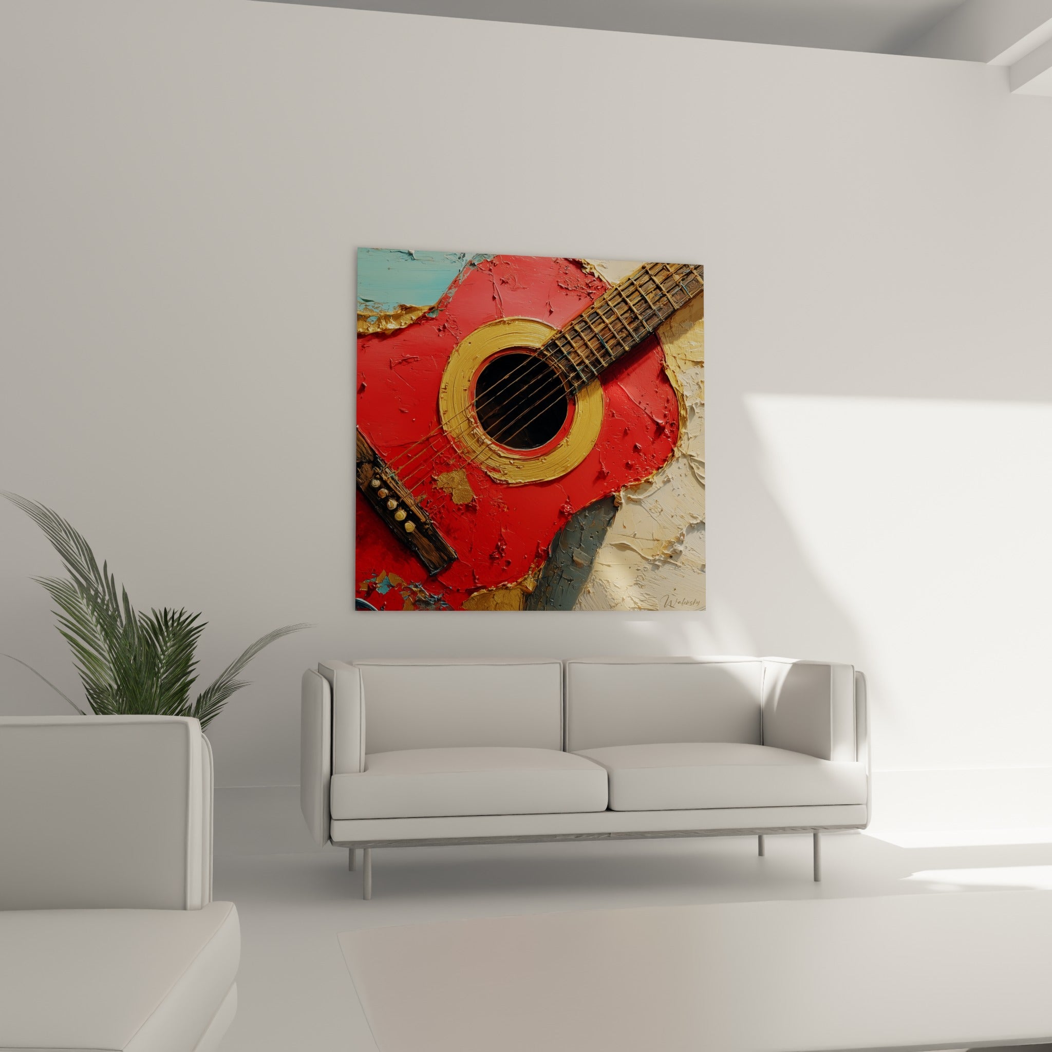 Rosace dorée et corps rouge d'une guitare peinte, suspendue au-dessus d'un canapé dans un salon lumineux