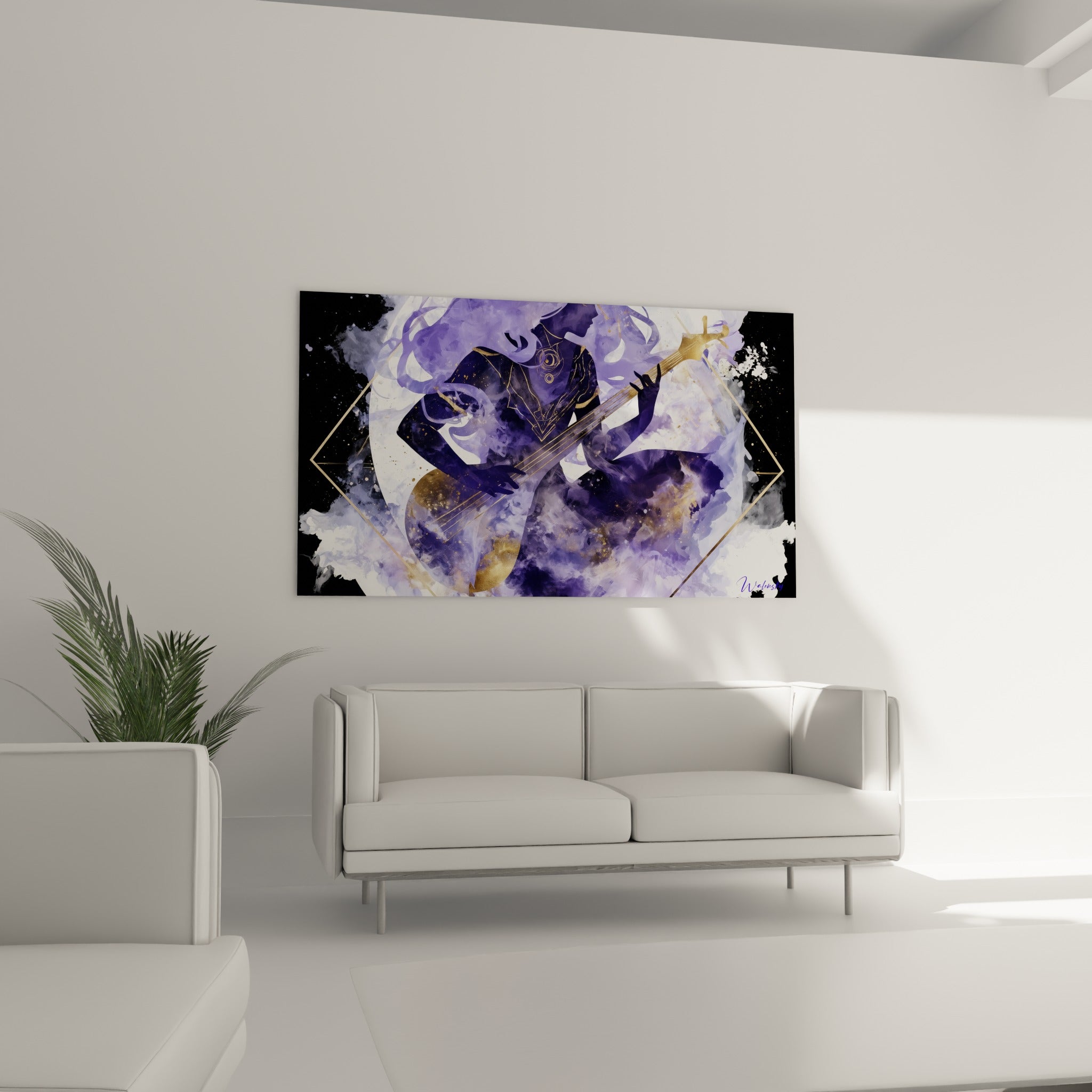 Musicien fondu dans une brume violette et noire, guitare dorée, au-dessus d'un canapé dans un salon lumineux.