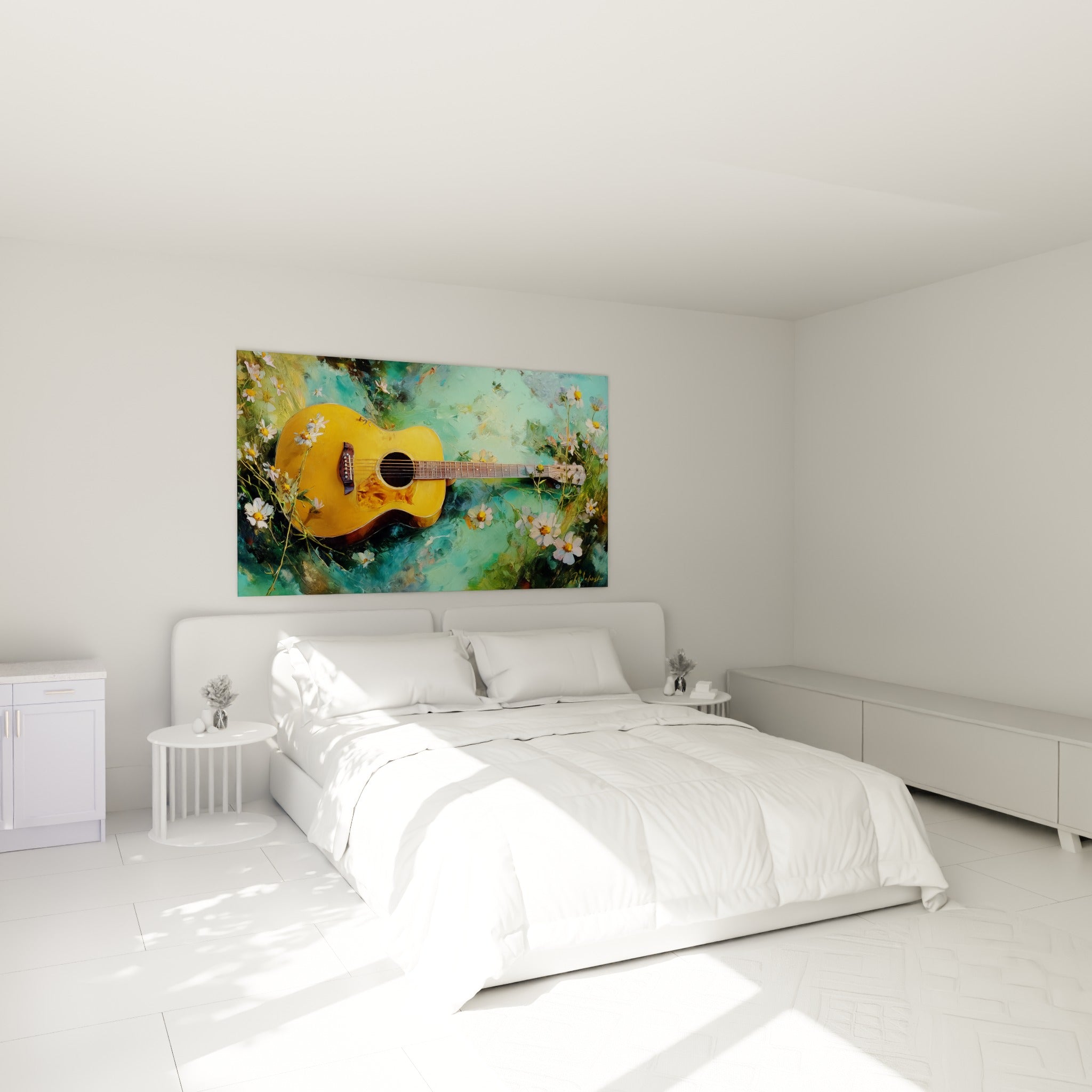 Instrument doré entouré de fleurs blanches au-dessus d'un lit dans une chambre claire