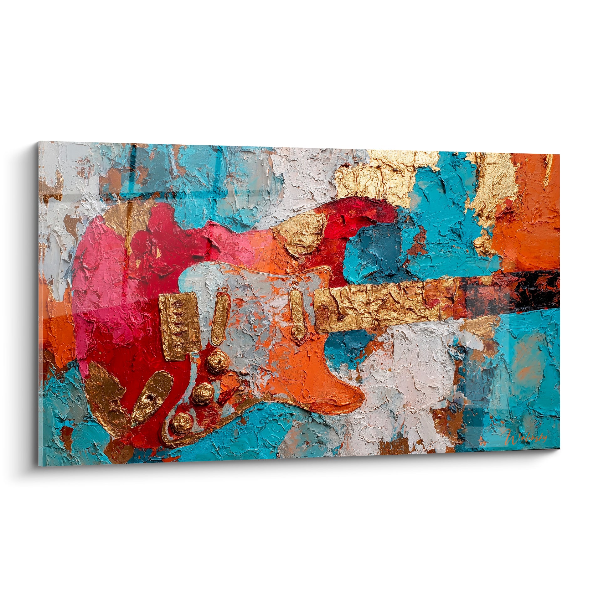 Guitare électrique aux couleurs rouge, orangé et bleu turquoise, reliefs dorés en peinture épaisse texturée