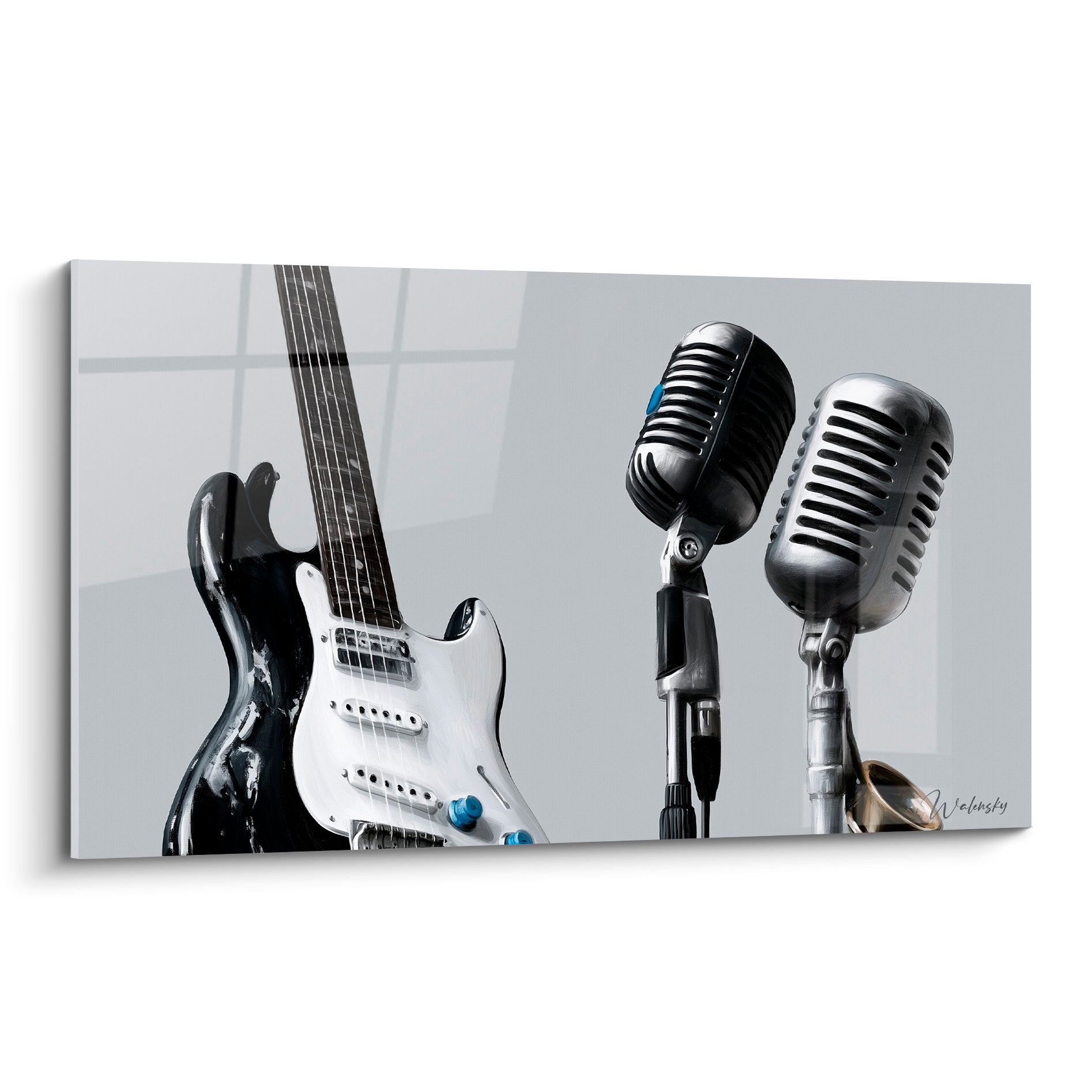 Guitare électrique noire éraflée et deux micros argentés vintage sur fond gris uni, tableau Musique