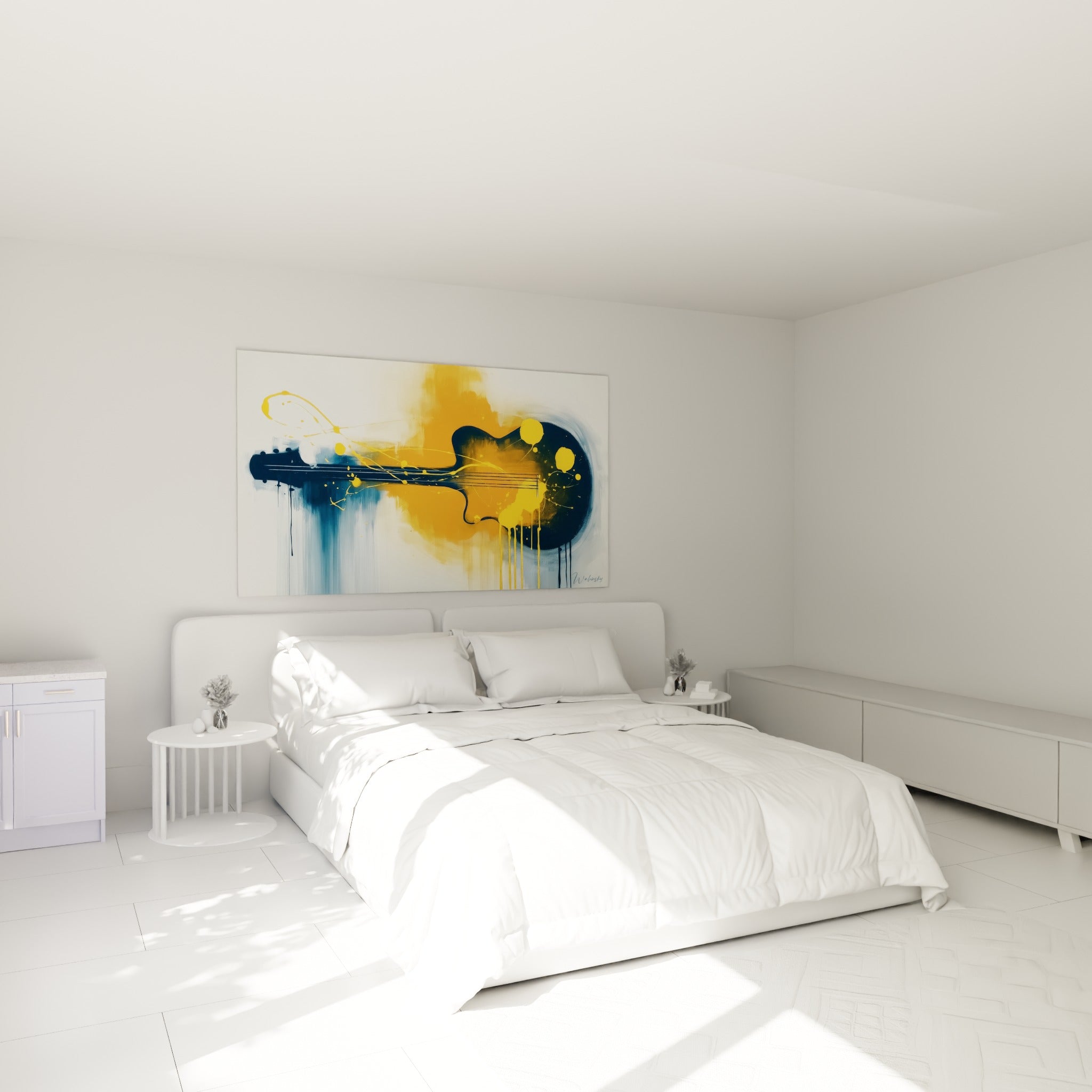 Silhouette de guitare aux teintes bleu marine et orange safran, accrochée au-dessus d'un lit dans une chambre claire