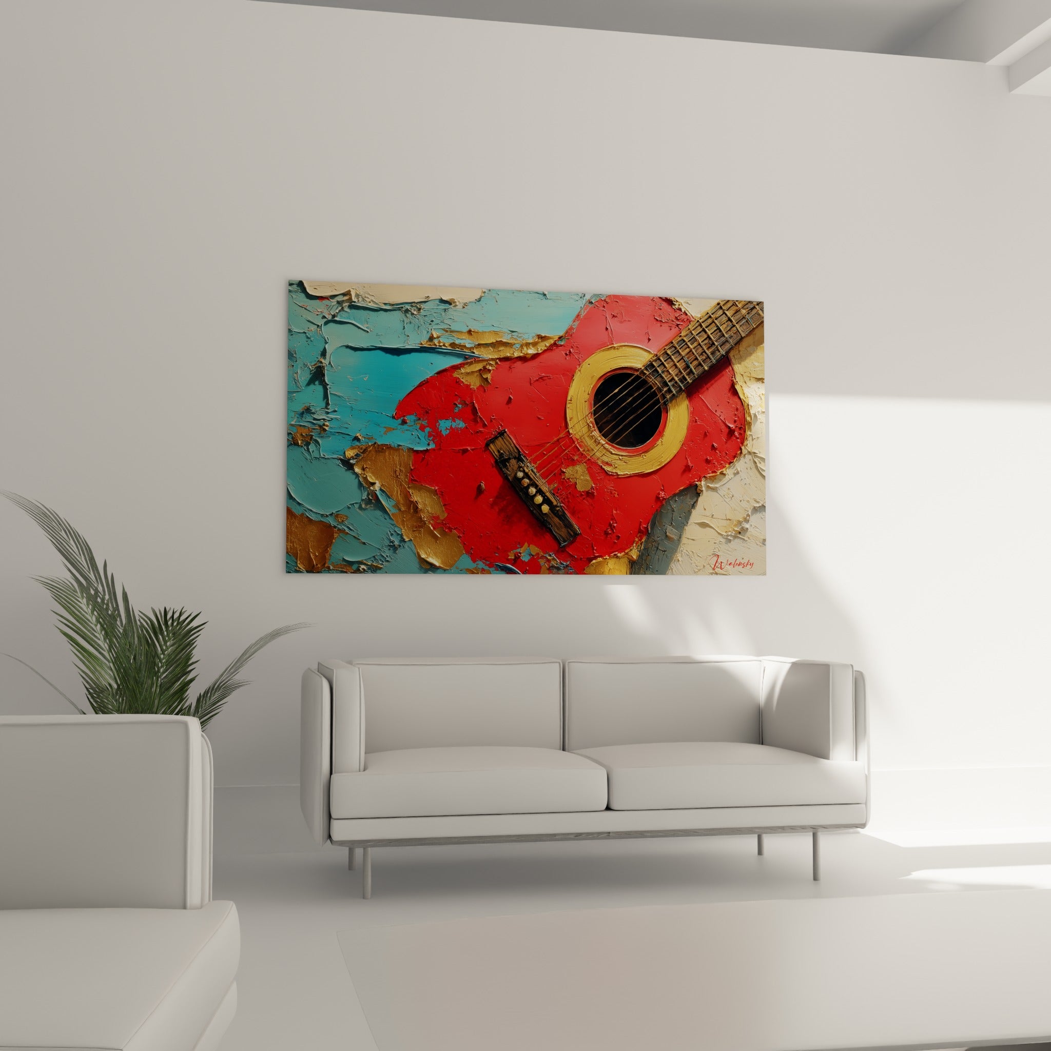 Guitare rouge au manche brun sur fond turquoise, tableau Musique au-dessus d'un canapé dans un salon lumineux