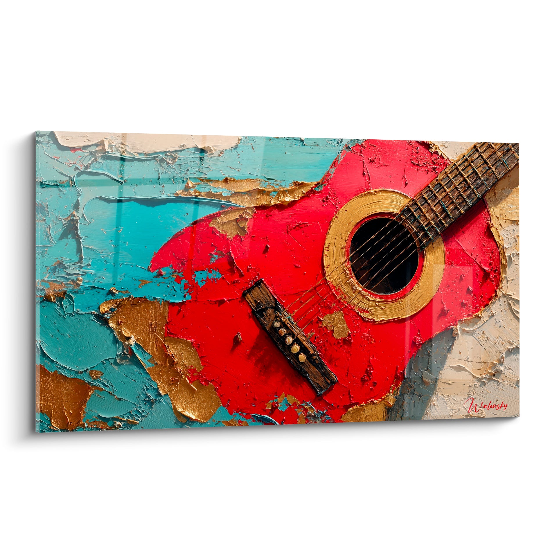 Guitare rouge texturée à la rosace dorée sur fond bleu turquoise craquelé, tableau Musique