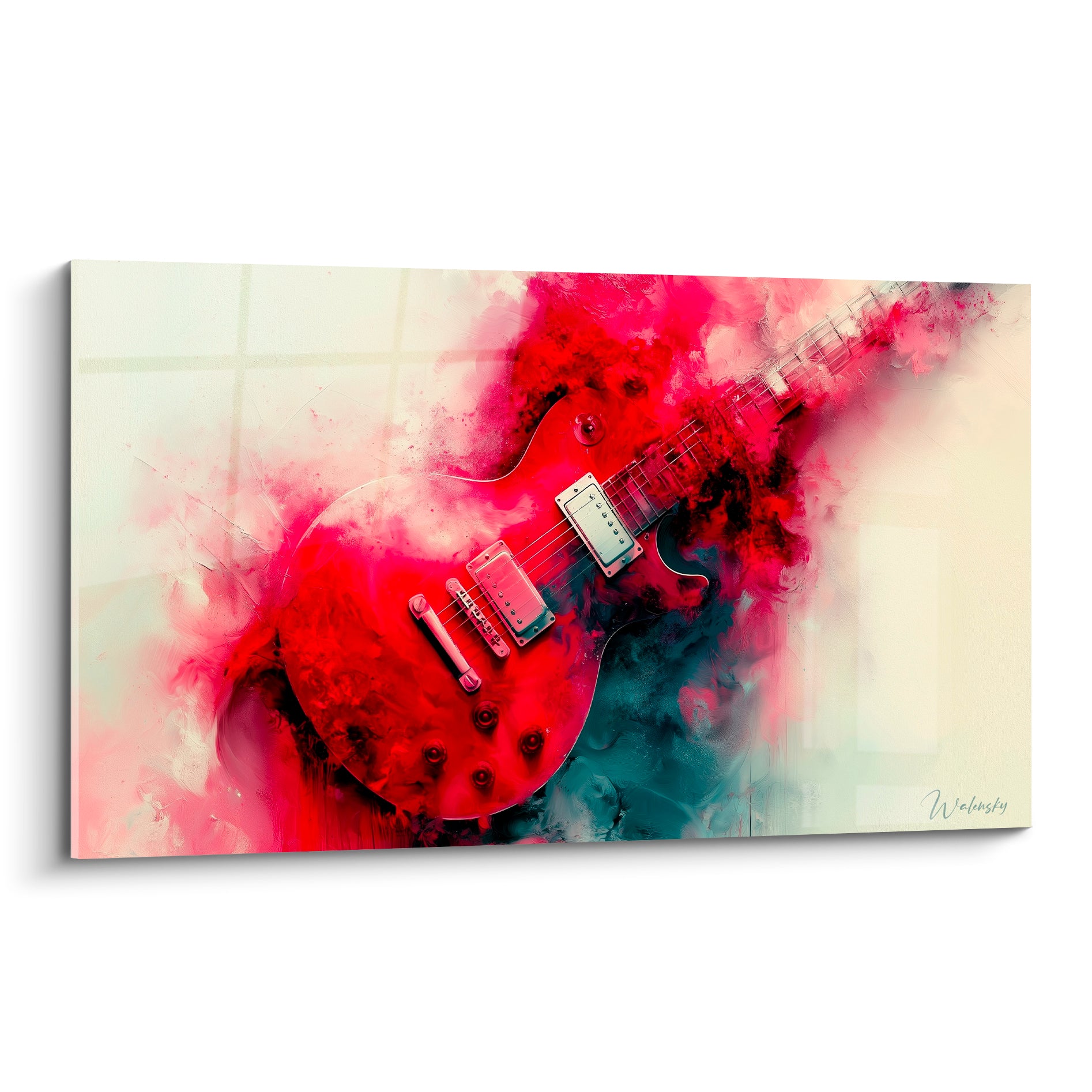 Guitare électrique rouge vermillon et bleu pétrole en fumée artistique sur fond crème abstrait