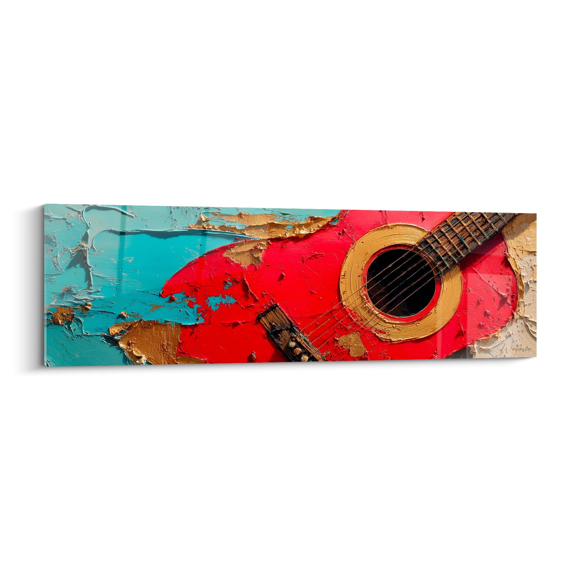 Guitare rouge et turquoise en peinture texturée, rosace dorée, manche noir, style expressif Musique