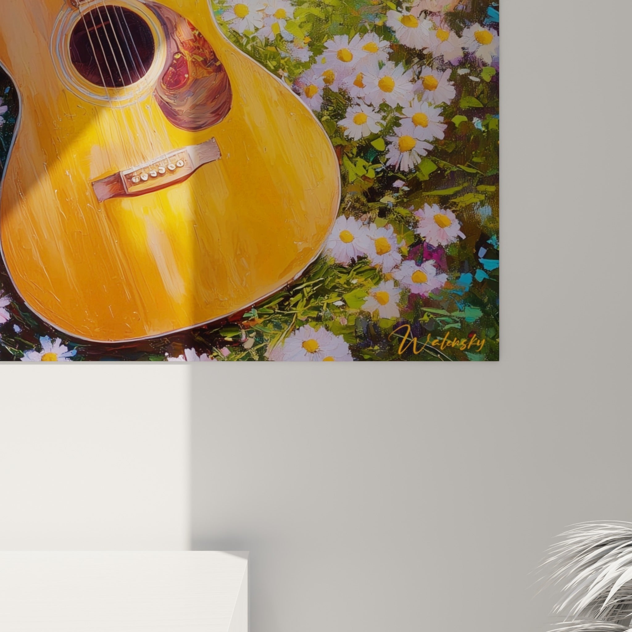 Empâtements de peinture visibles sur le bois ambré de la guitare et les pétales blancs texturés