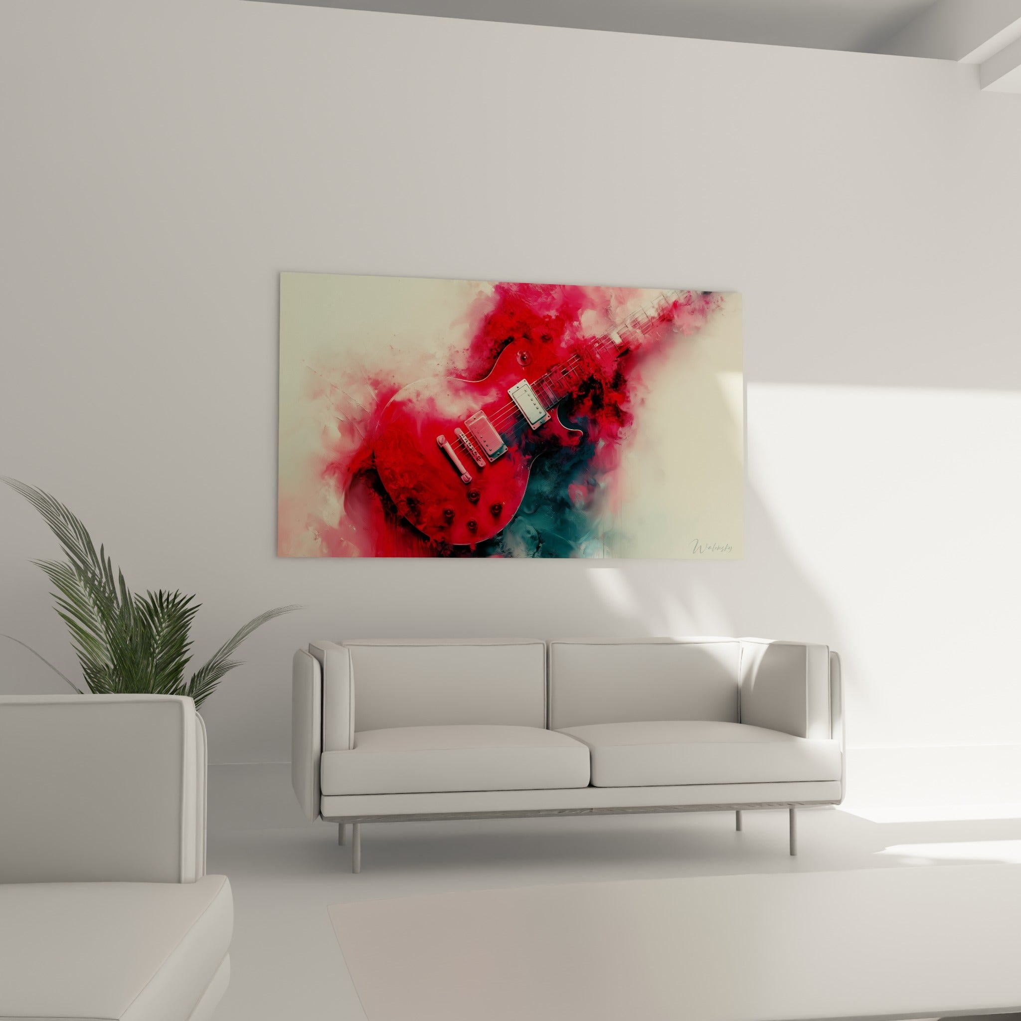 Silhouette de guitare rouge et bleu anthracite accrochée au-dessus d'un canapé dans un salon lumineux