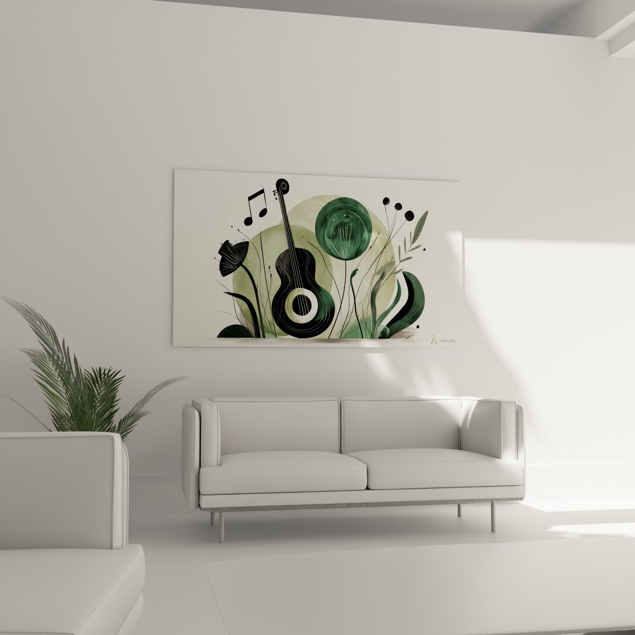 Guitare graphique noire et tiges vert olive suspendues au-dessus d'un canapé dans un salon lumineux