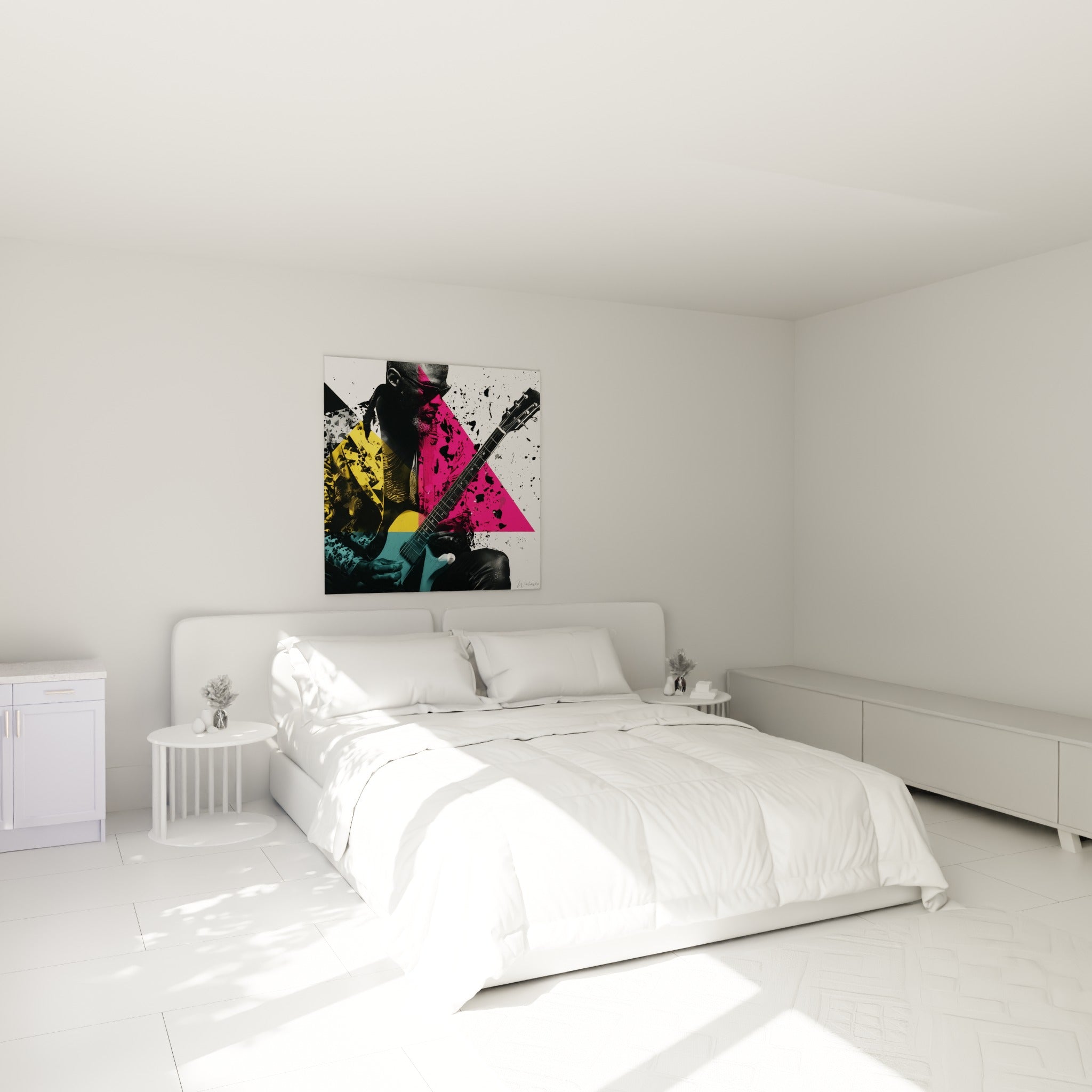 Musicien saisi en pleine improvisation, teintes fuchsia et bleu pétrole, accroché au-dessus d'un lit dans une chambre claire
