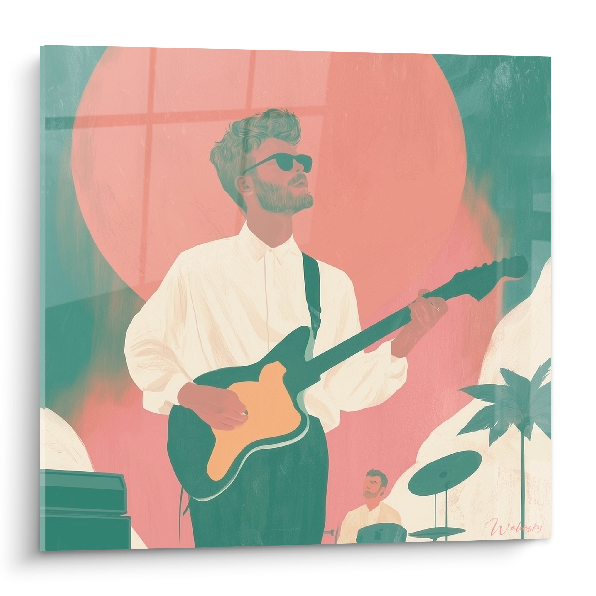 Guitariste en chemise blanche jouant sous un soleil corail, fond vert sauge et guitare ocre, style graphique