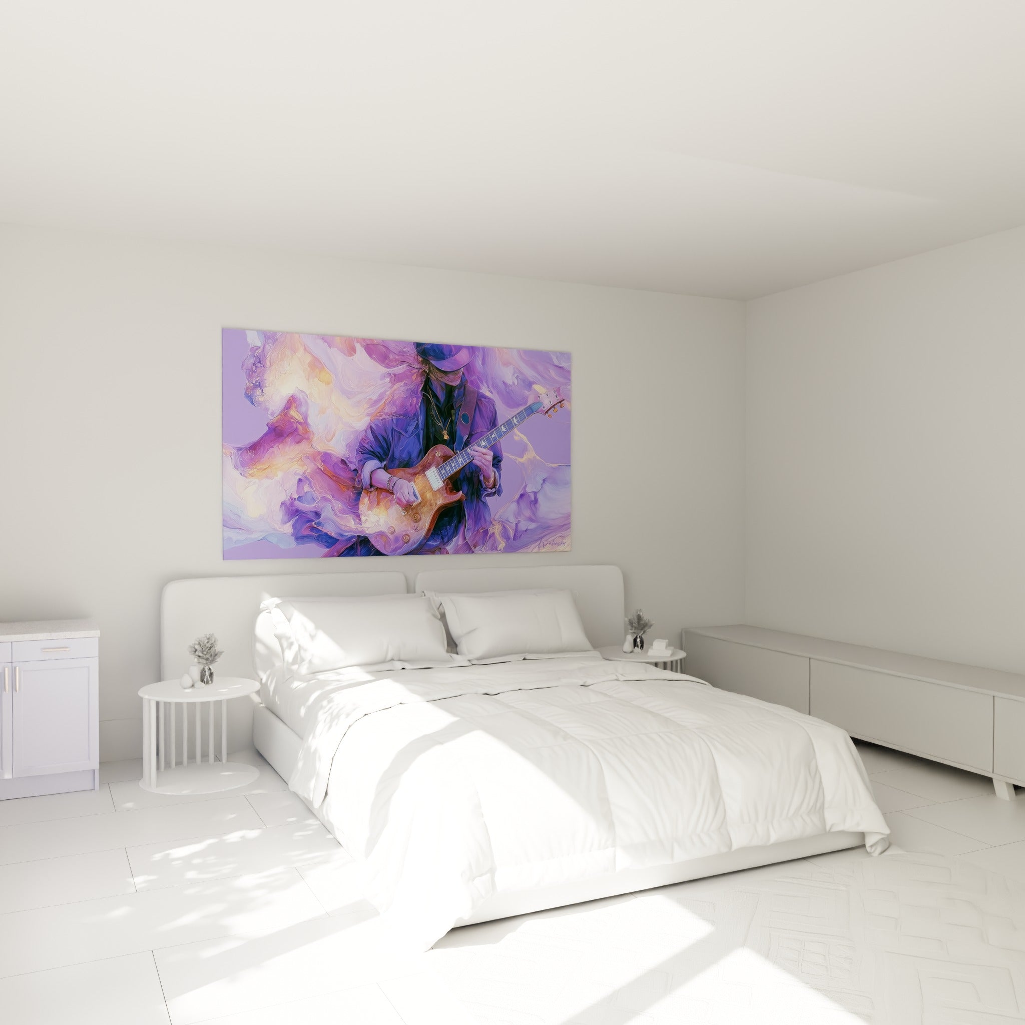 Musicien enveloppé de fumée violette et ambrée accroché au-dessus d'un lit dans une chambre claire