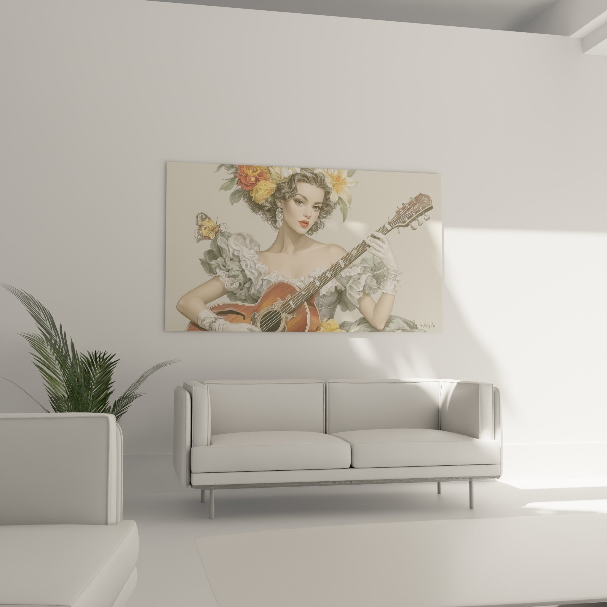 Femme fleurie jouant de la guitare, tons ivoire et acajou, au-dessus d'un canapé dans un salon lumineux
