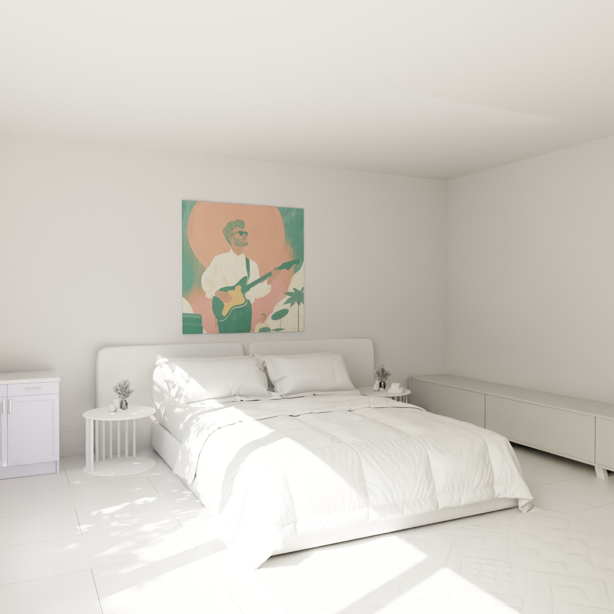 Musicien à lunettes de soleil jouant de la guitare ocre, tons corail et vert sauge, au-dessus d'un lit dans une chambre claire