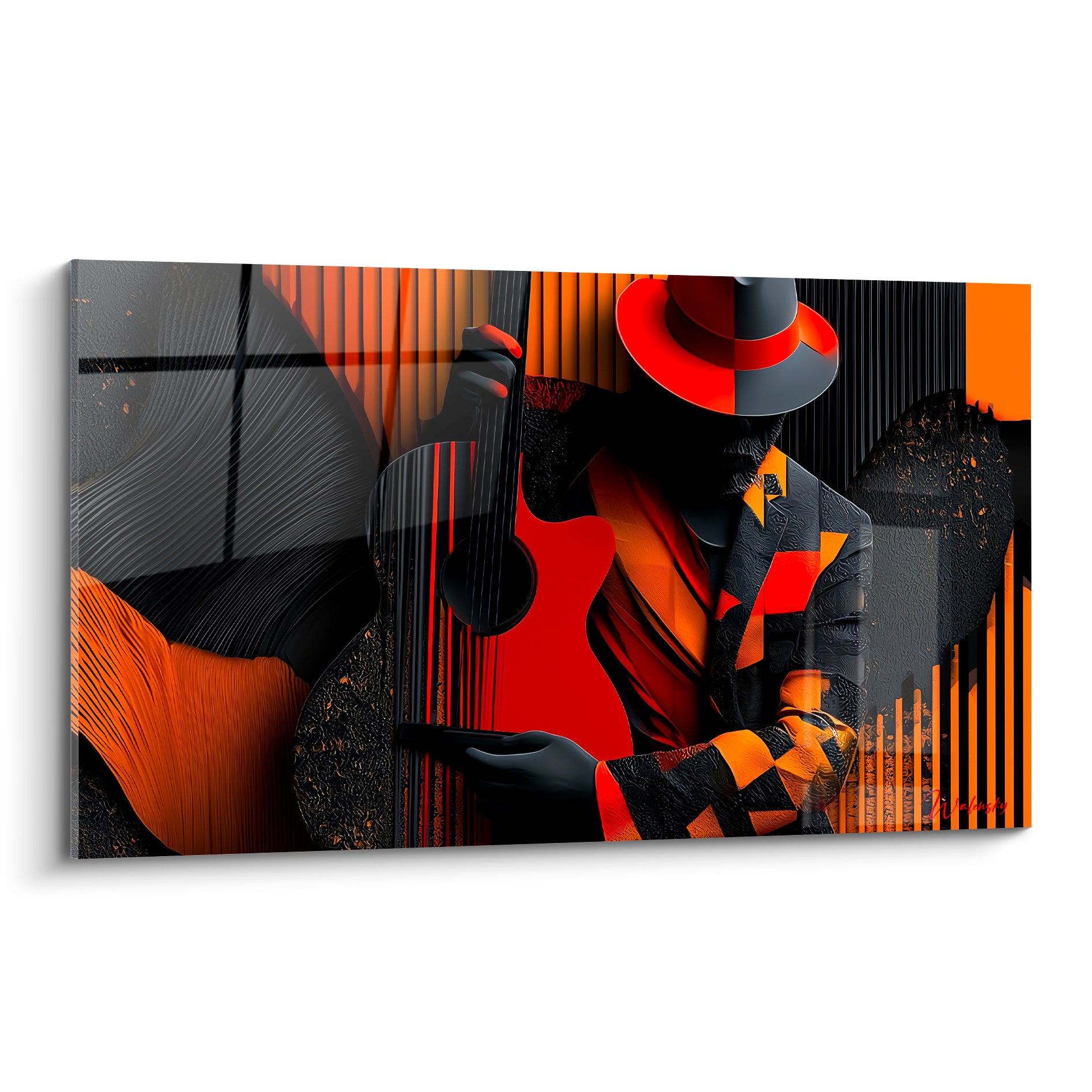 Guitariste stylisé au chapeau orange et noir, guitare rouge vif, composition graphique texturée intense
