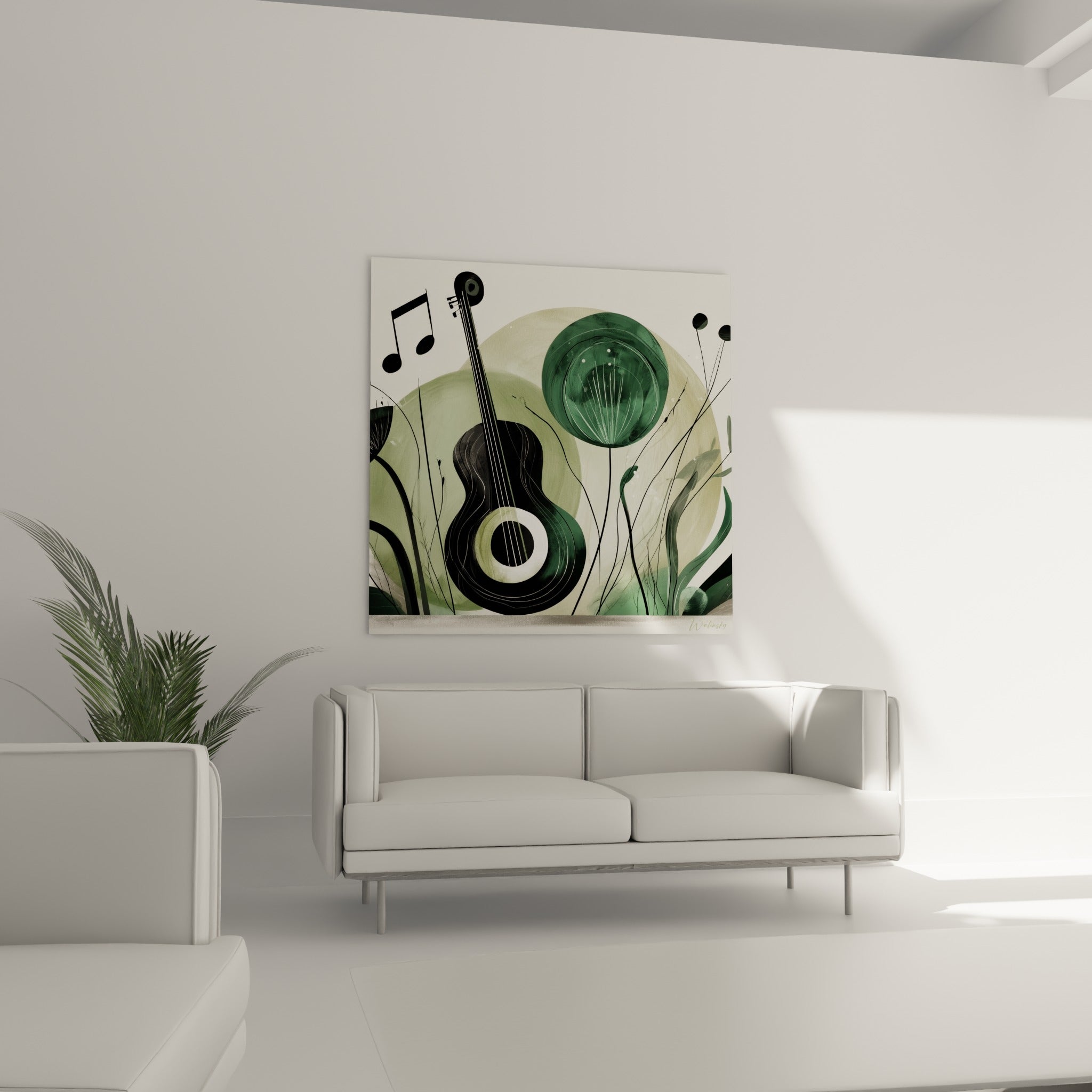 Silhouette de guitare anthracite parmi des formes florales vert sauge, au-dessus d'un canapé dans un salon lumineux.