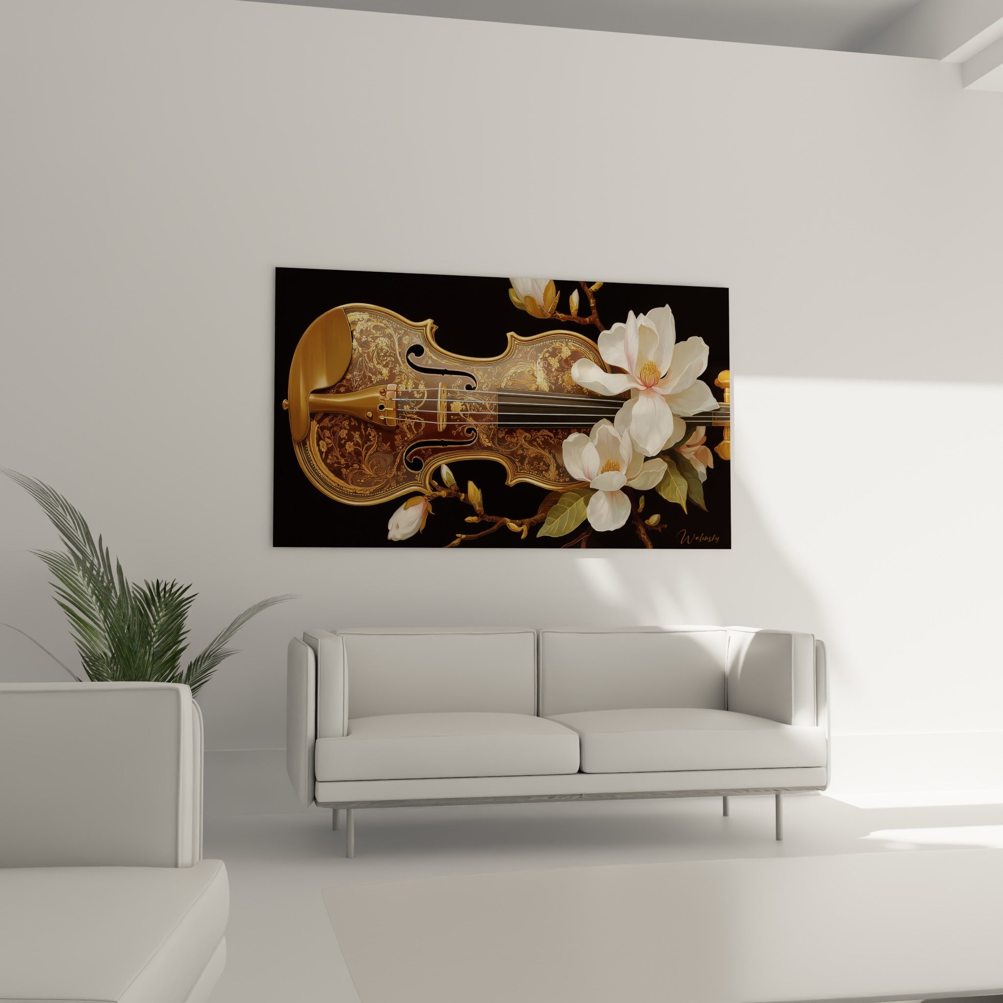 Instrument ouvragé doré et fleurs blanches délicates, suspendu au-dessus d'un canapé dans un salon lumineux