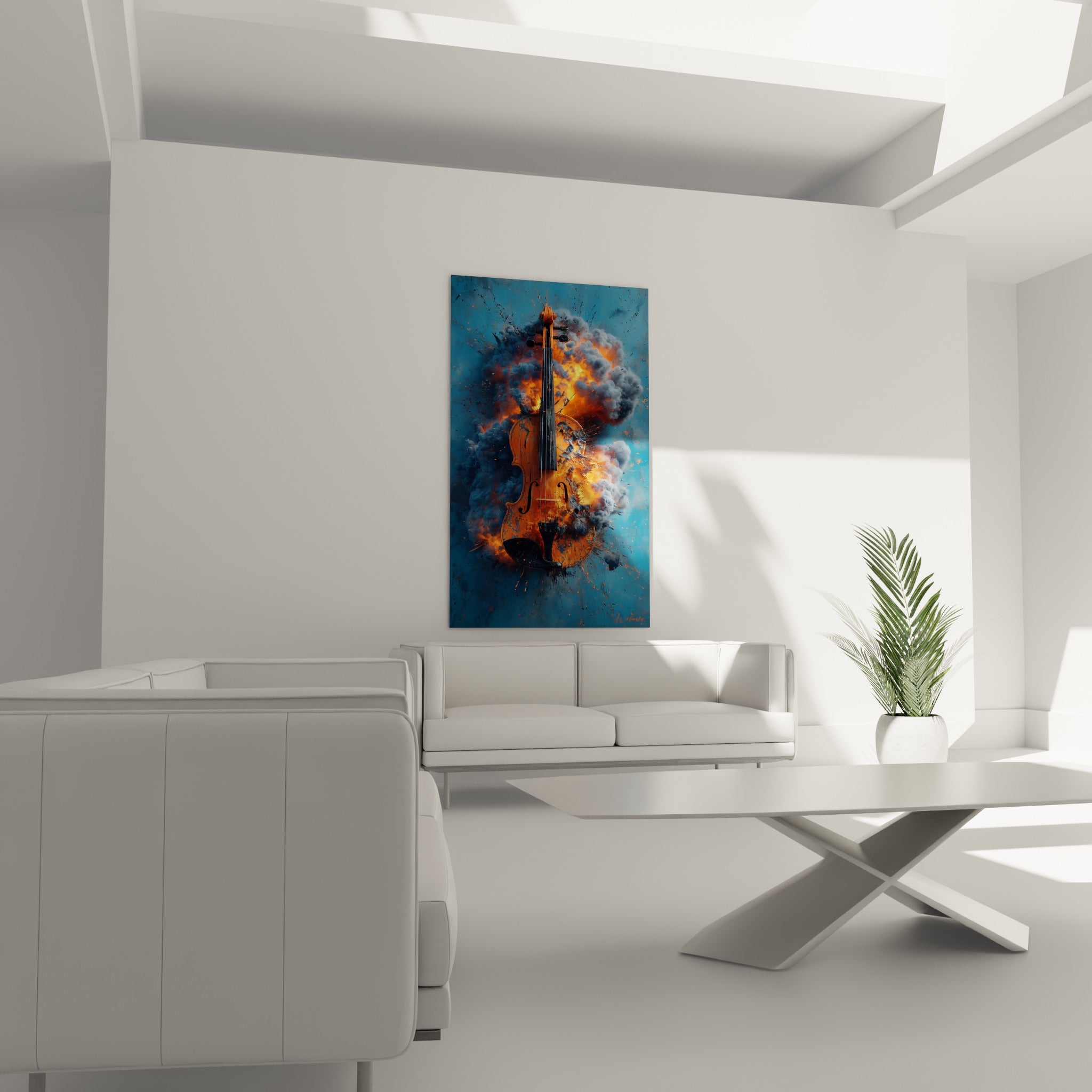 Instrument à cordes noir et orangé cerné d'une explosion bleu marine, placé au-dessus d'un canapé dans un salon lumineux