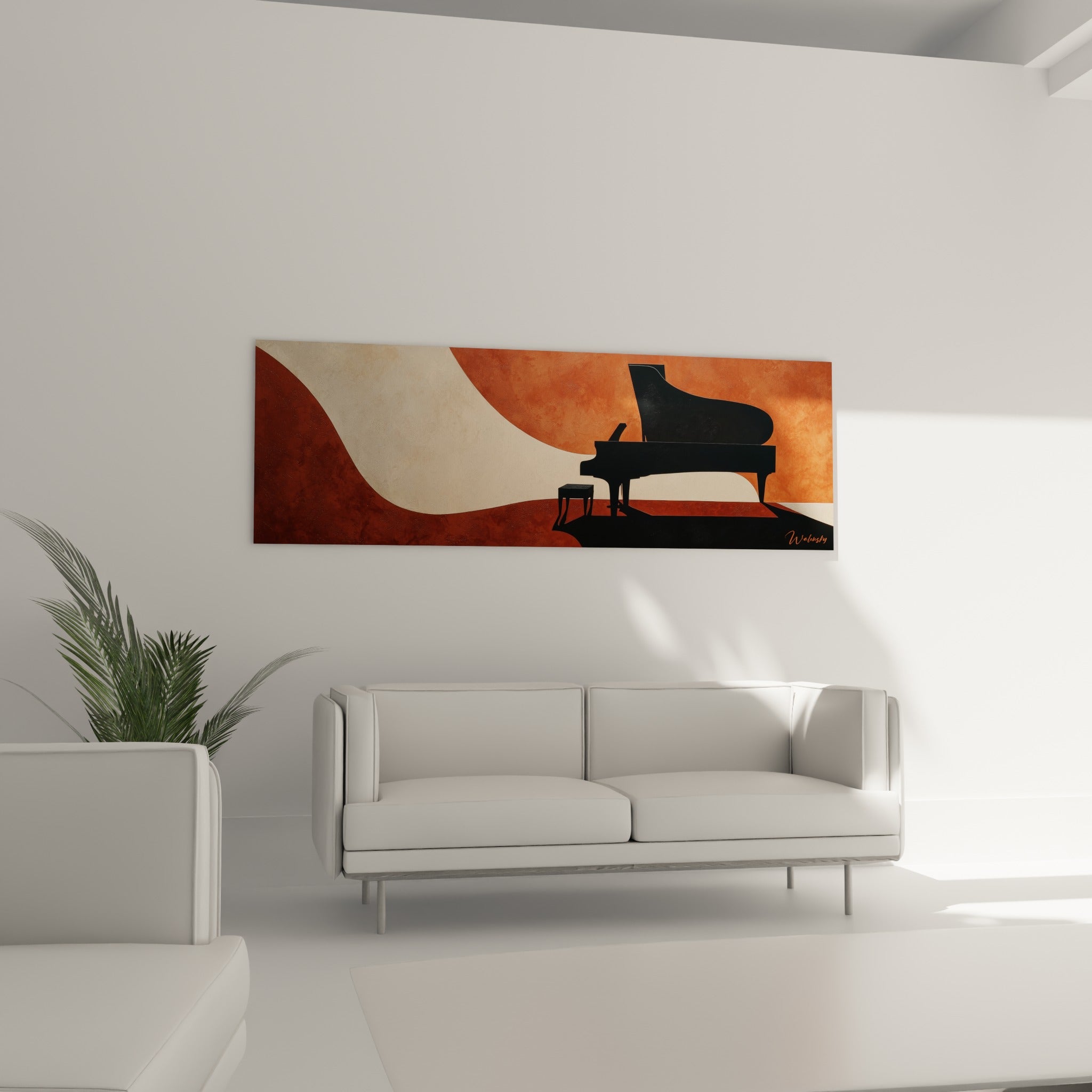 Instrument noir sur vagues terracotta et beige placé au-dessus d'un canapé dans un salon lumineux
